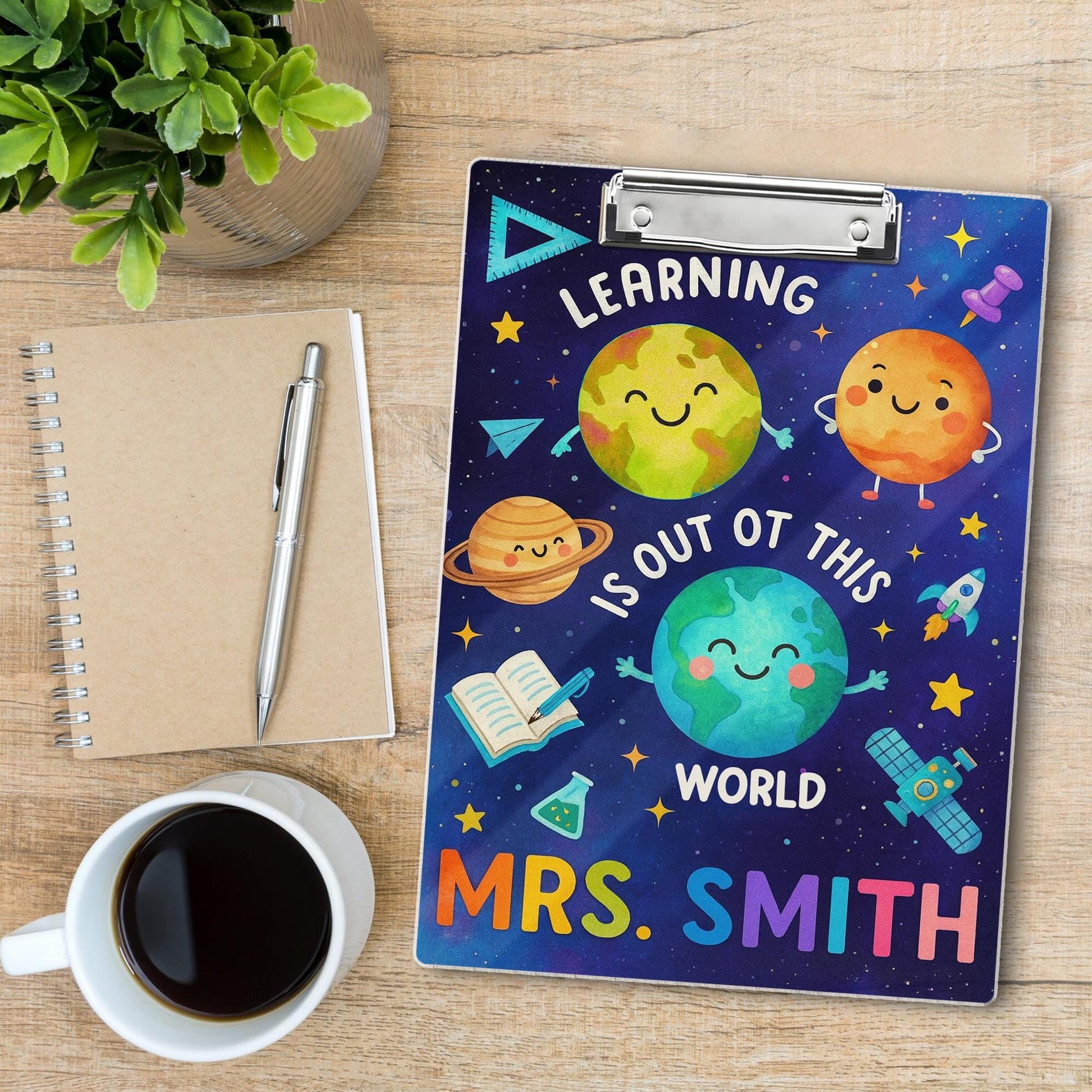 Personalized Space Theme Teacher Clipboard – Learning Is Out of This World – Custom Name Back to School Gift for Teachers, School Supplies