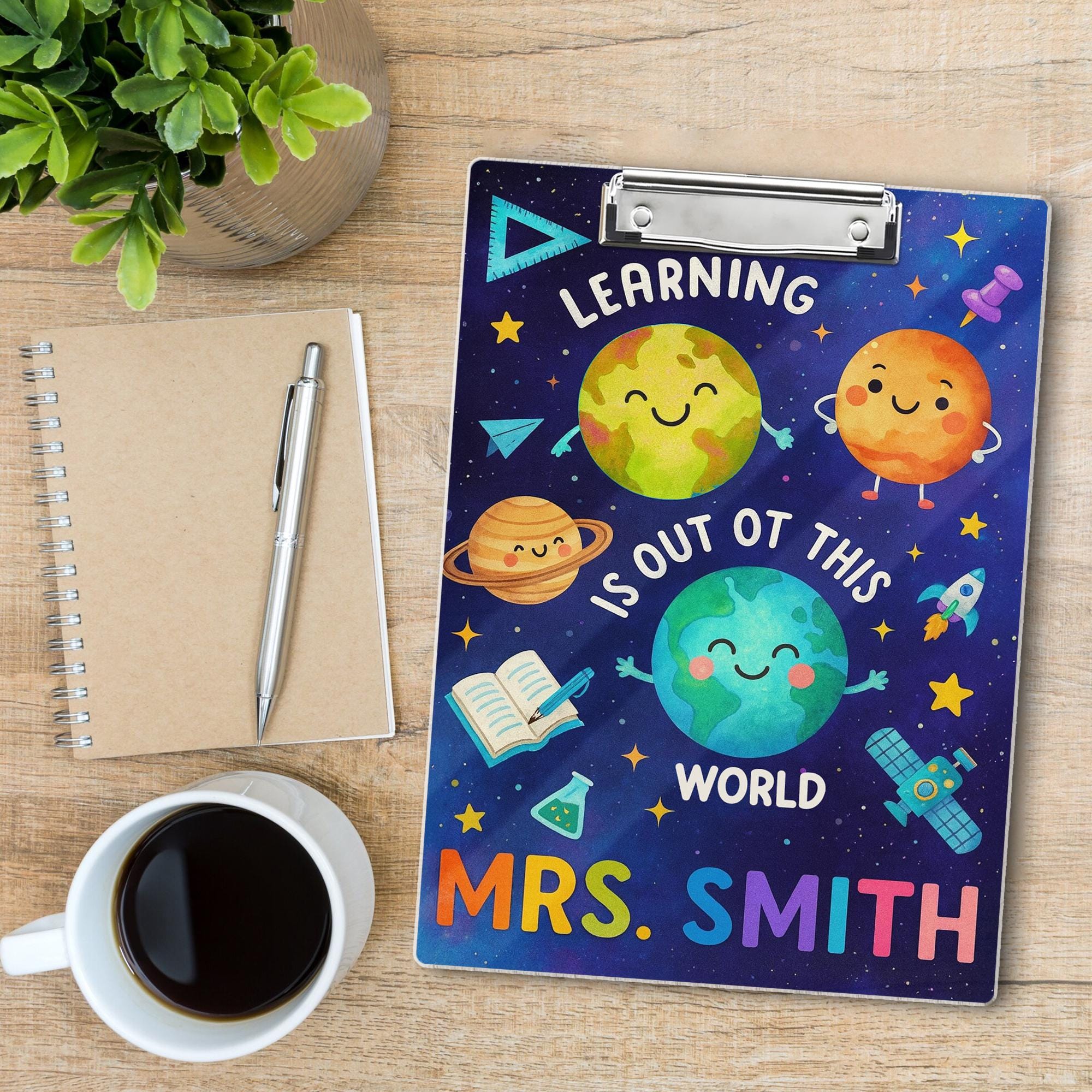 Personalized Space Theme Teacher Clipboard – Learning Is Out of This World – Custom Name Back to School Gift for Teachers, School Supplies