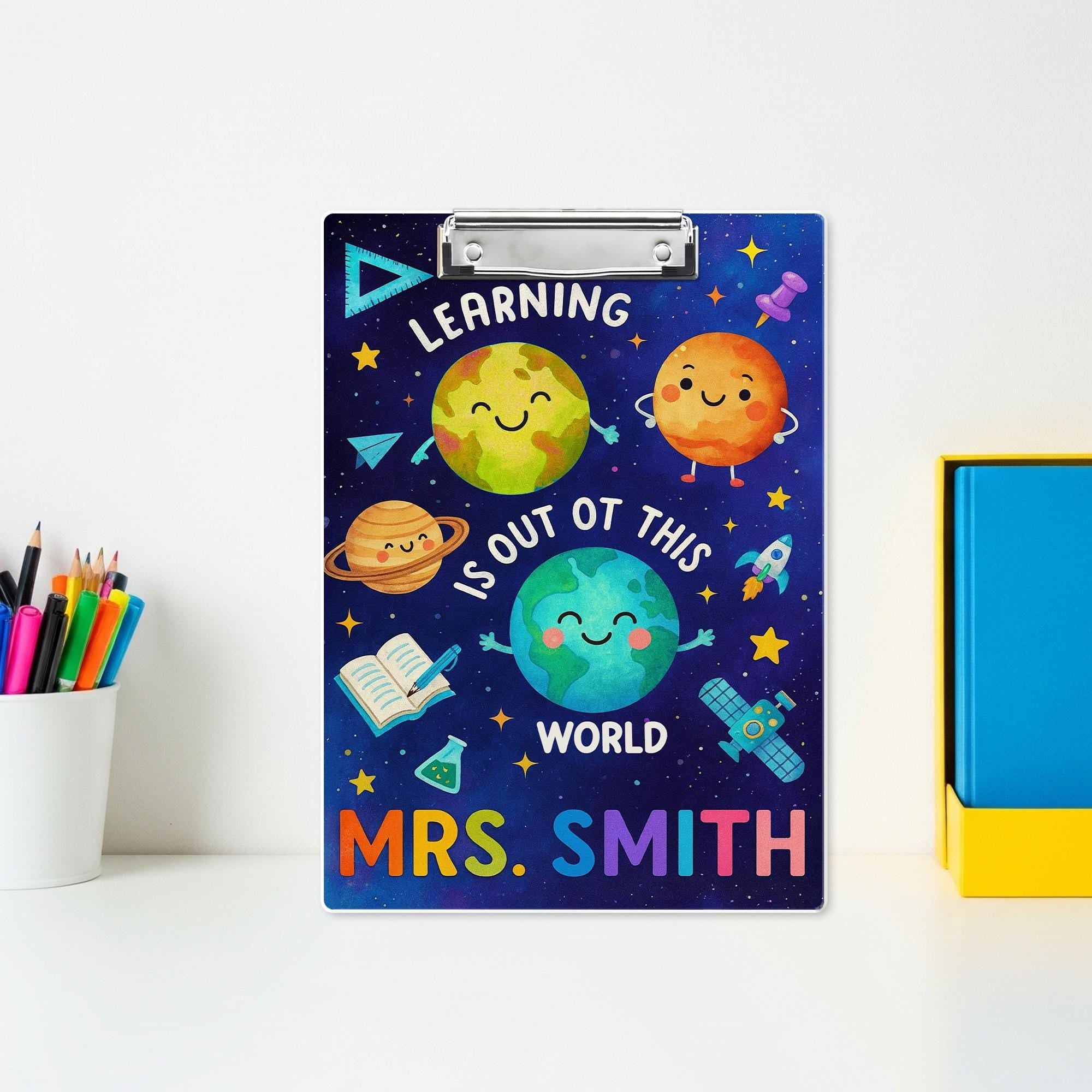 Personalized Space Theme Teacher Clipboard – Learning Is Out of This World – Custom Name Back to School Gift for Teachers, School Supplies