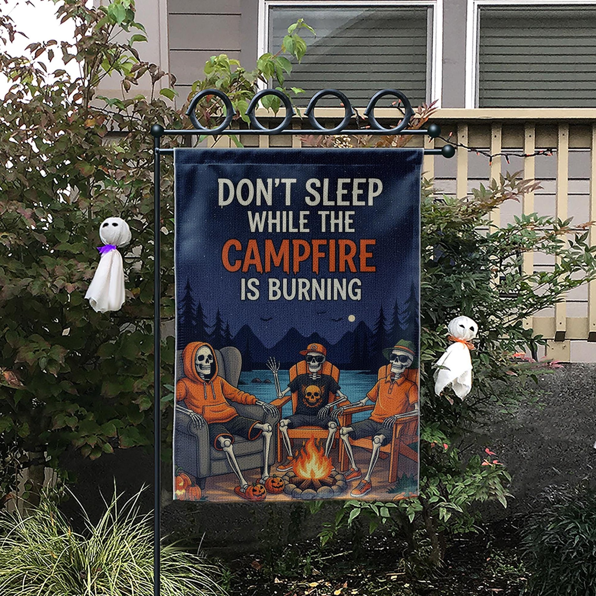 Campfire Skeletons Garden Flag - "Don't Sleep While The Campfire Is Burning" Outdoor Decor - Halloween Yard Art - Spooky Autumn Banner