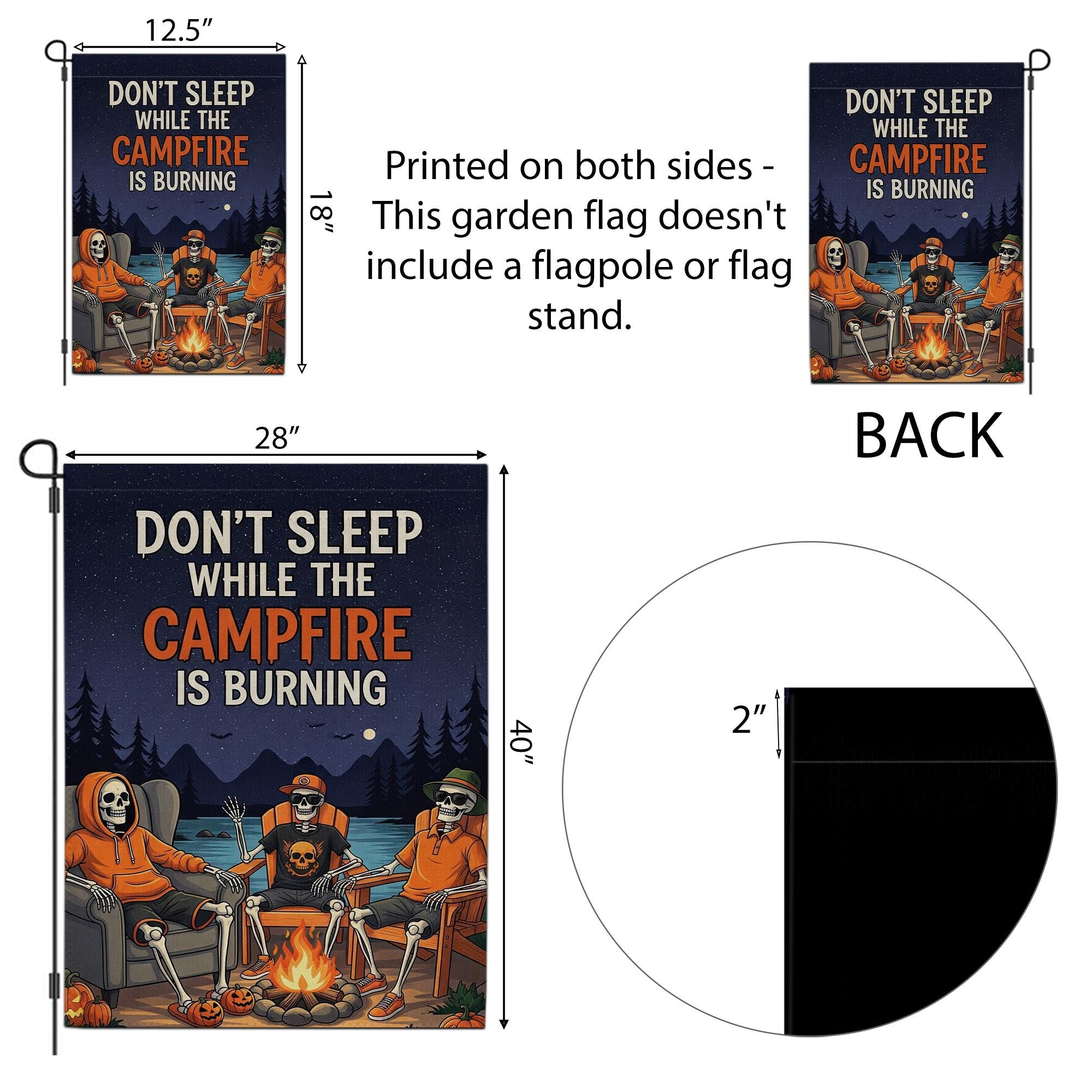 Campfire Skeletons Garden Flag - "Don't Sleep While The Campfire Is Burning" Outdoor Decor - Halloween Yard Art - Spooky Autumn Banner