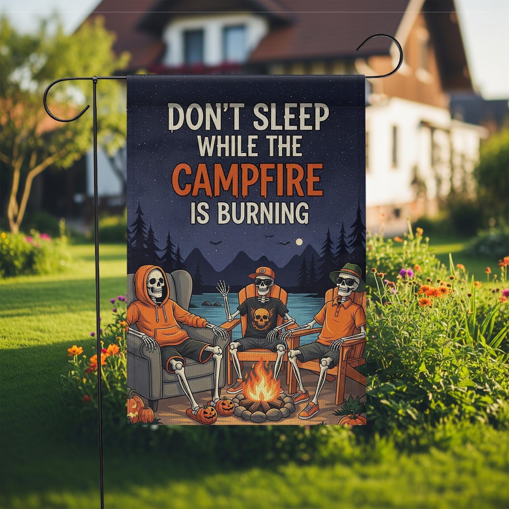 Campfire Skeletons Garden Flag - "Don't Sleep While The Campfire Is Burning" Outdoor Decor - Halloween Yard Art - Spooky Autumn Banner