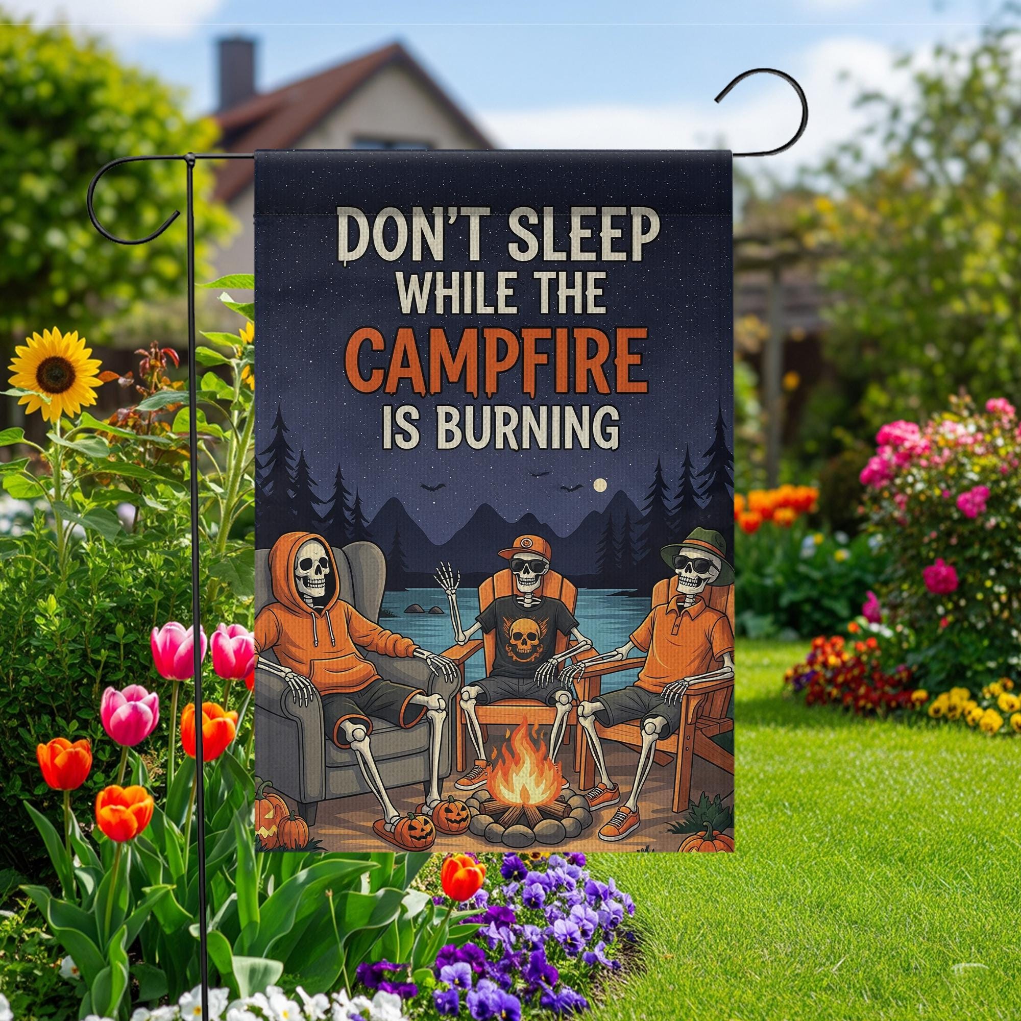 Campfire Skeletons Garden Flag - "Don't Sleep While The Campfire Is Burning" Outdoor Decor - Halloween Yard Art - Spooky Autumn Banner