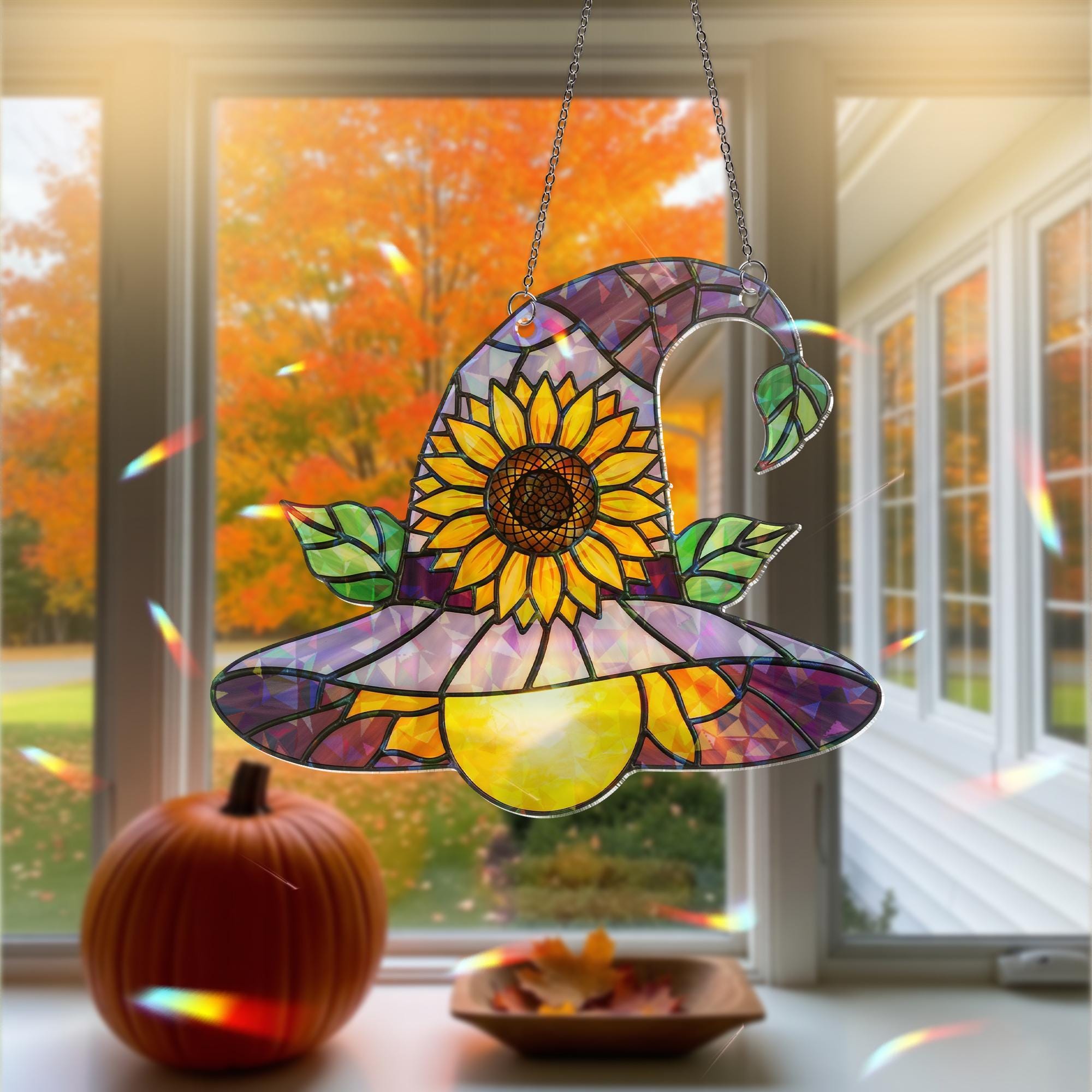 Sunflower Witch Hat Hologram Ornament – Purple Halloween ACRYLIC Window Hanging – Whimsical Fall Decor for Witches and Plant Lovers