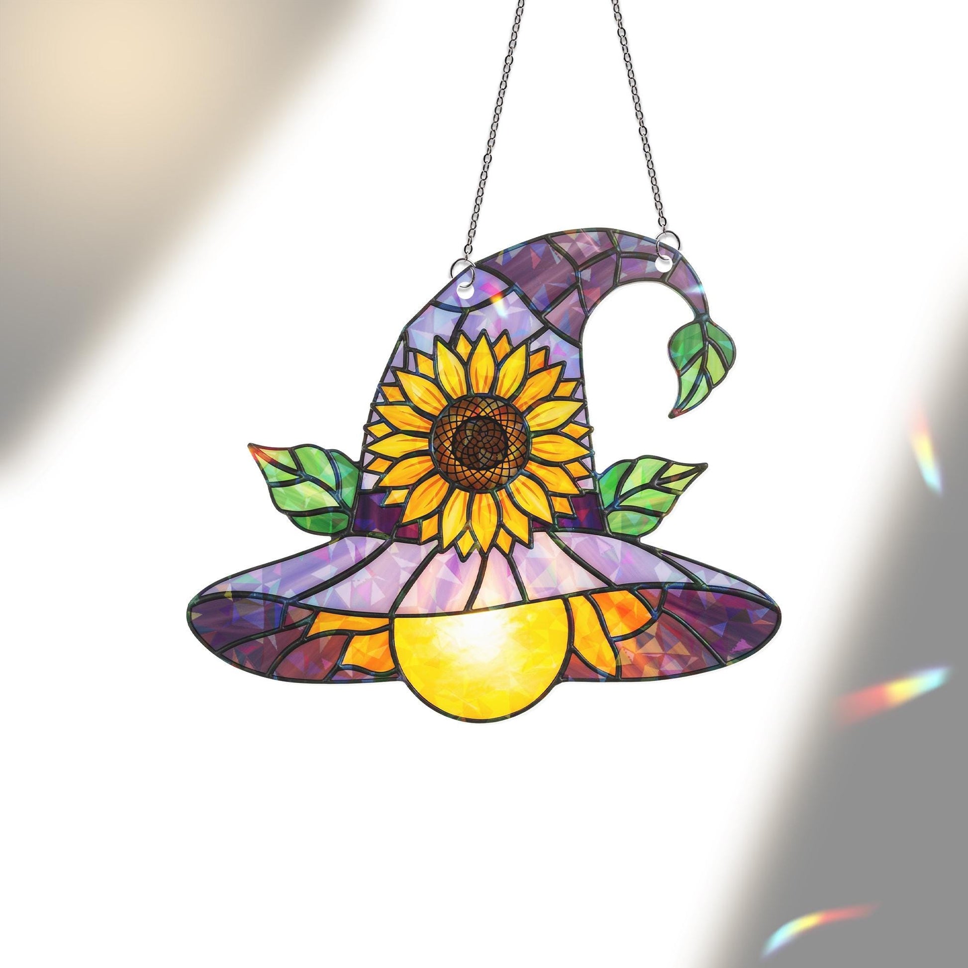 Sunflower Witch Hat Hologram Ornament – Purple Halloween ACRYLIC Window Hanging – Whimsical Fall Decor for Witches and Plant Lovers