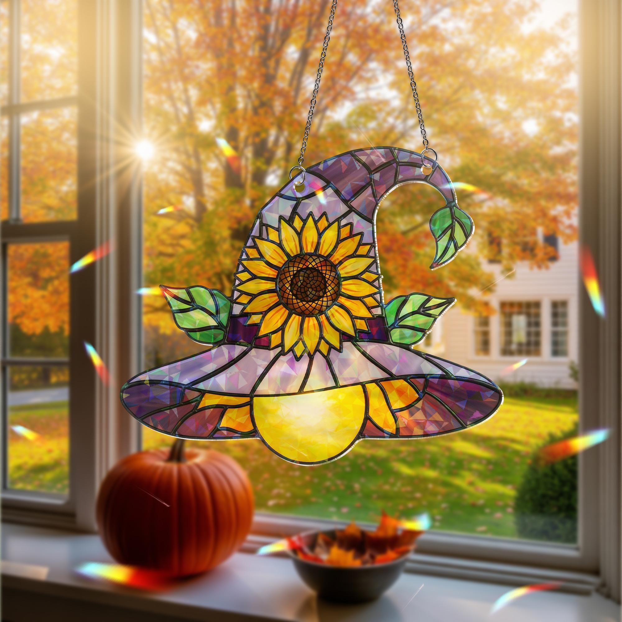 Sunflower Witch Hat Hologram Ornament – Purple Halloween ACRYLIC Window Hanging – Whimsical Fall Decor for Witches and Plant Lovers