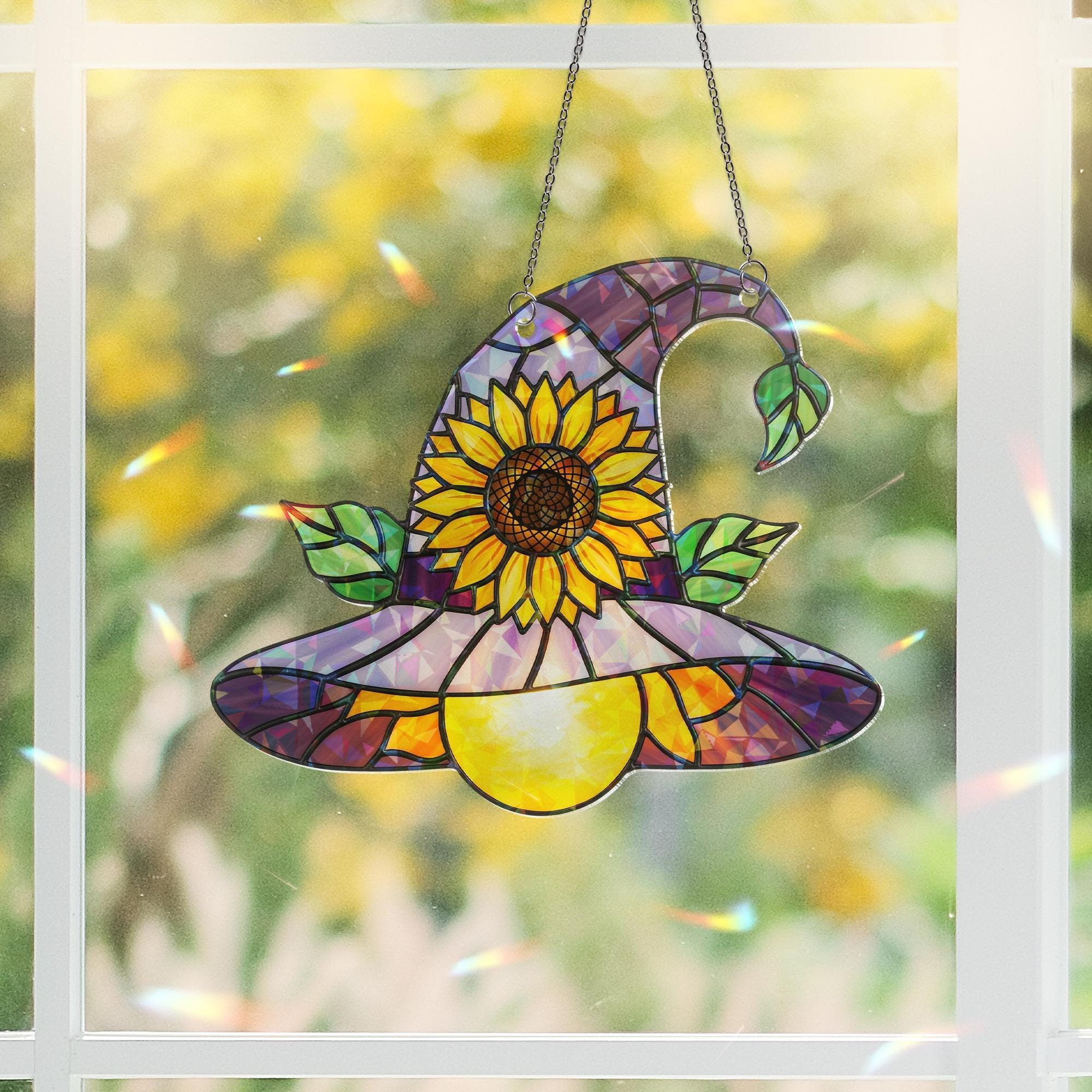 Sunflower Witch Hat Hologram Ornament – Purple Halloween ACRYLIC Window Hanging – Whimsical Fall Decor for Witches and Plant Lovers