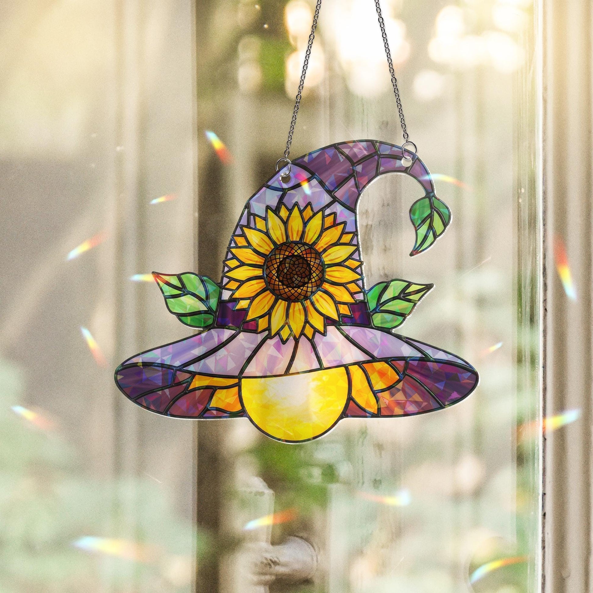 Sunflower Witch Hat Hologram Ornament – Purple Halloween ACRYLIC Window Hanging – Whimsical Fall Decor for Witches and Plant Lovers
