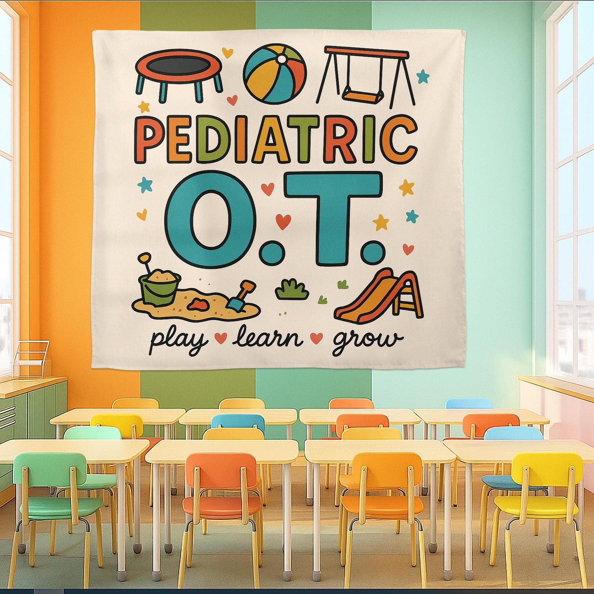 Pediatric OT Tapestry, Play Learn Grow Wall Art, Occupational Therapy Decor, Kids Therapy Poster, OT Office Decoration