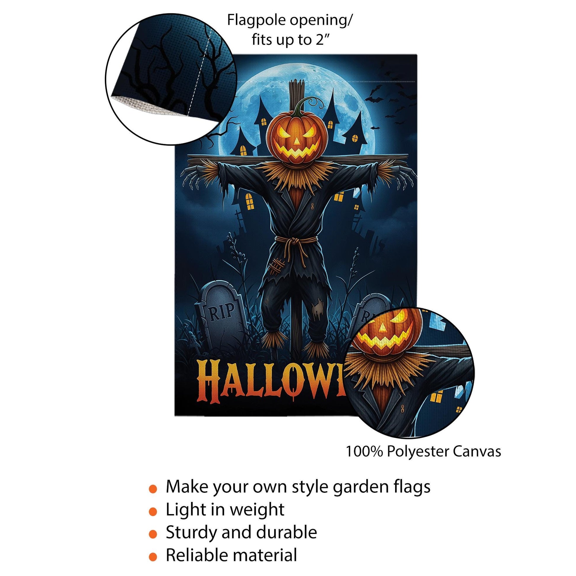 Spooky Scarecrow Halloween Garden Flag - Jack O Lantern Yard Decor - Full Moon Outdoor Banner - Haunted House Autumn Decoration