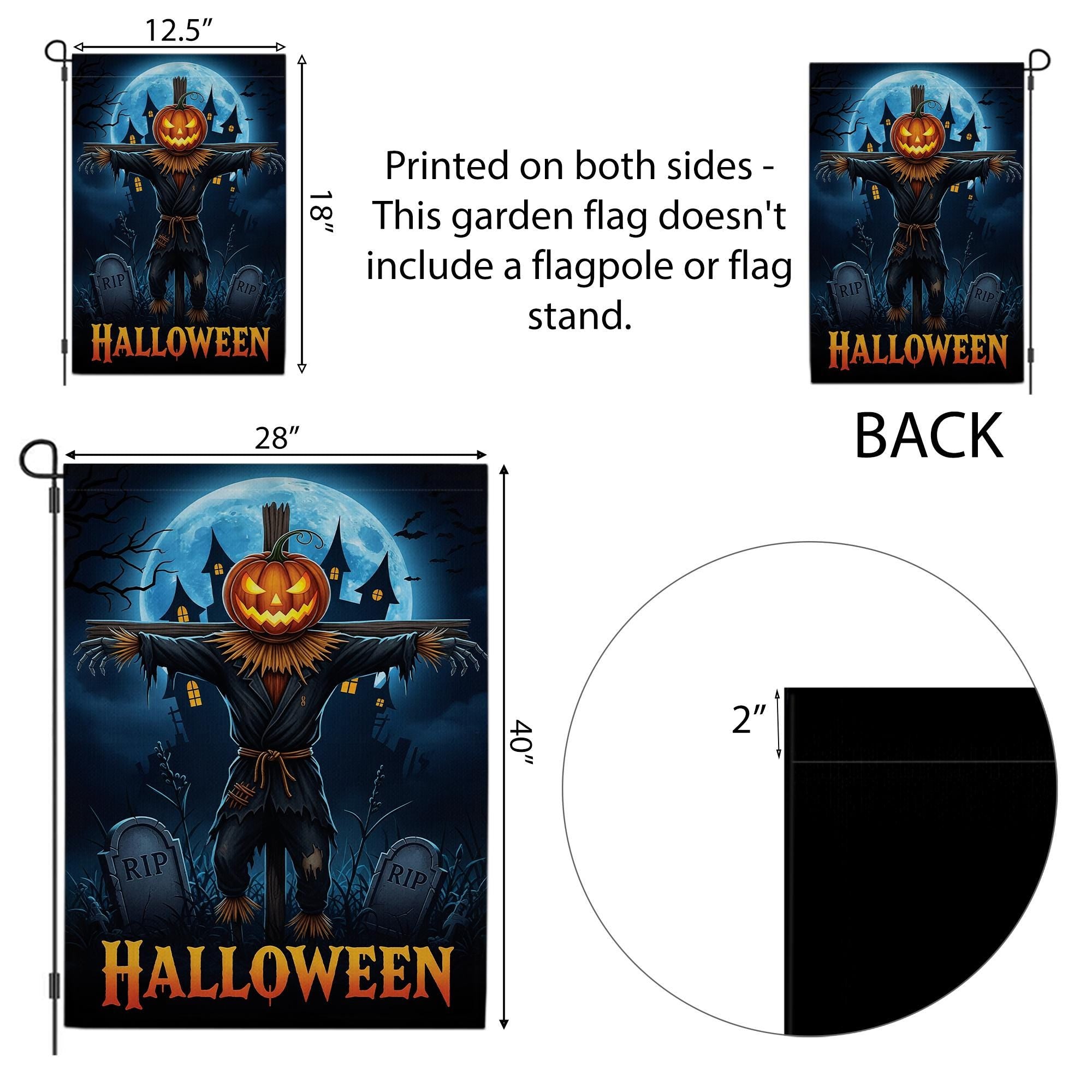 Spooky Scarecrow Halloween Garden Flag - Jack O Lantern Yard Decor - Full Moon Outdoor Banner - Haunted House Autumn Decoration