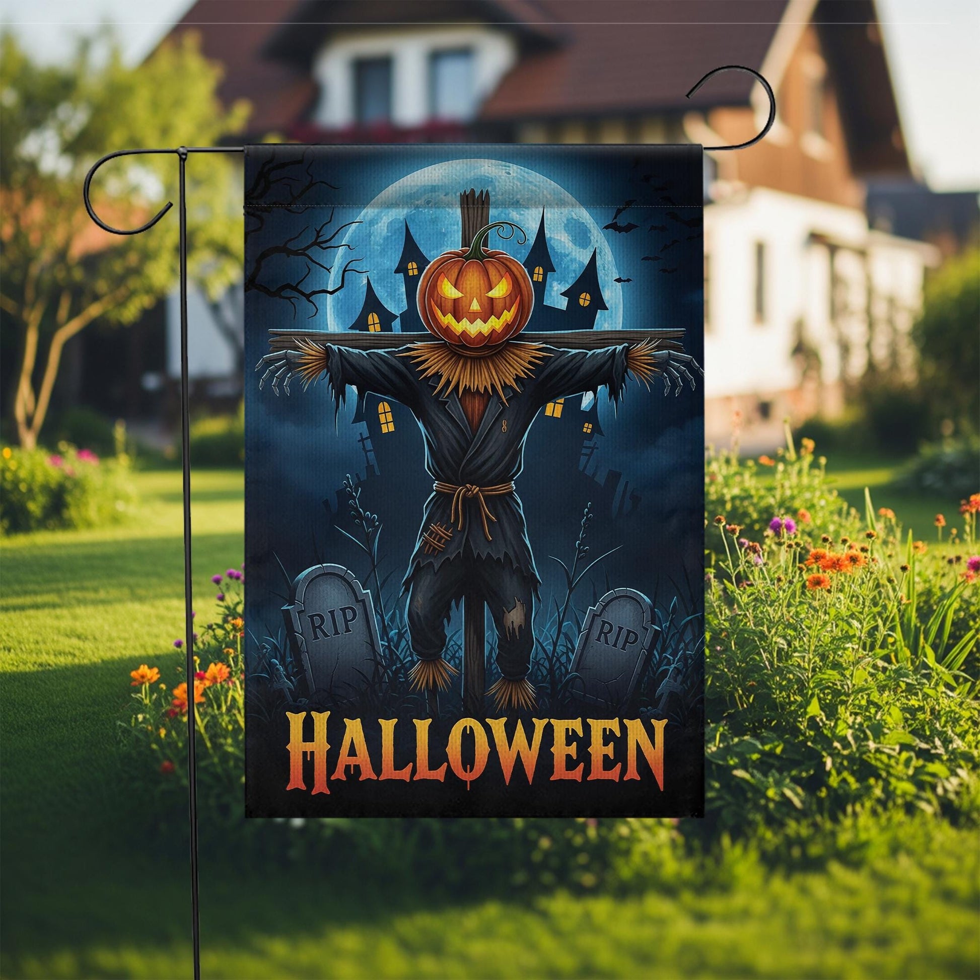 Spooky Scarecrow Halloween Garden Flag - Jack O Lantern Yard Decor - Full Moon Outdoor Banner - Haunted House Autumn Decoration