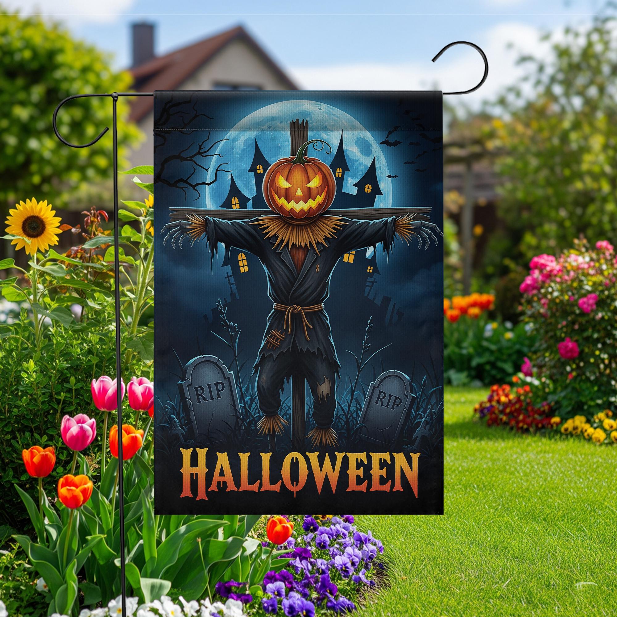 Spooky Scarecrow Halloween Garden Flag - Jack O Lantern Yard Decor - Full Moon Outdoor Banner - Haunted House Autumn Decoration