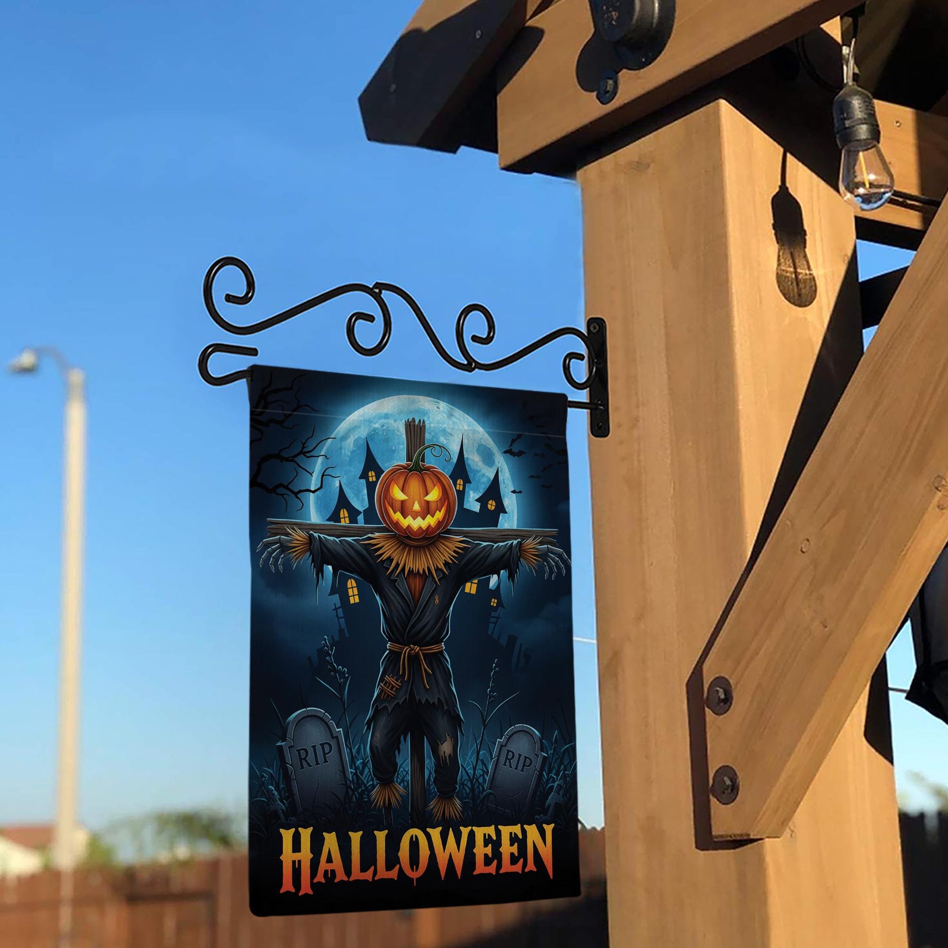 Spooky Scarecrow Halloween Garden Flag - Jack O Lantern Yard Decor - Full Moon Outdoor Banner - Haunted House Autumn Decoration