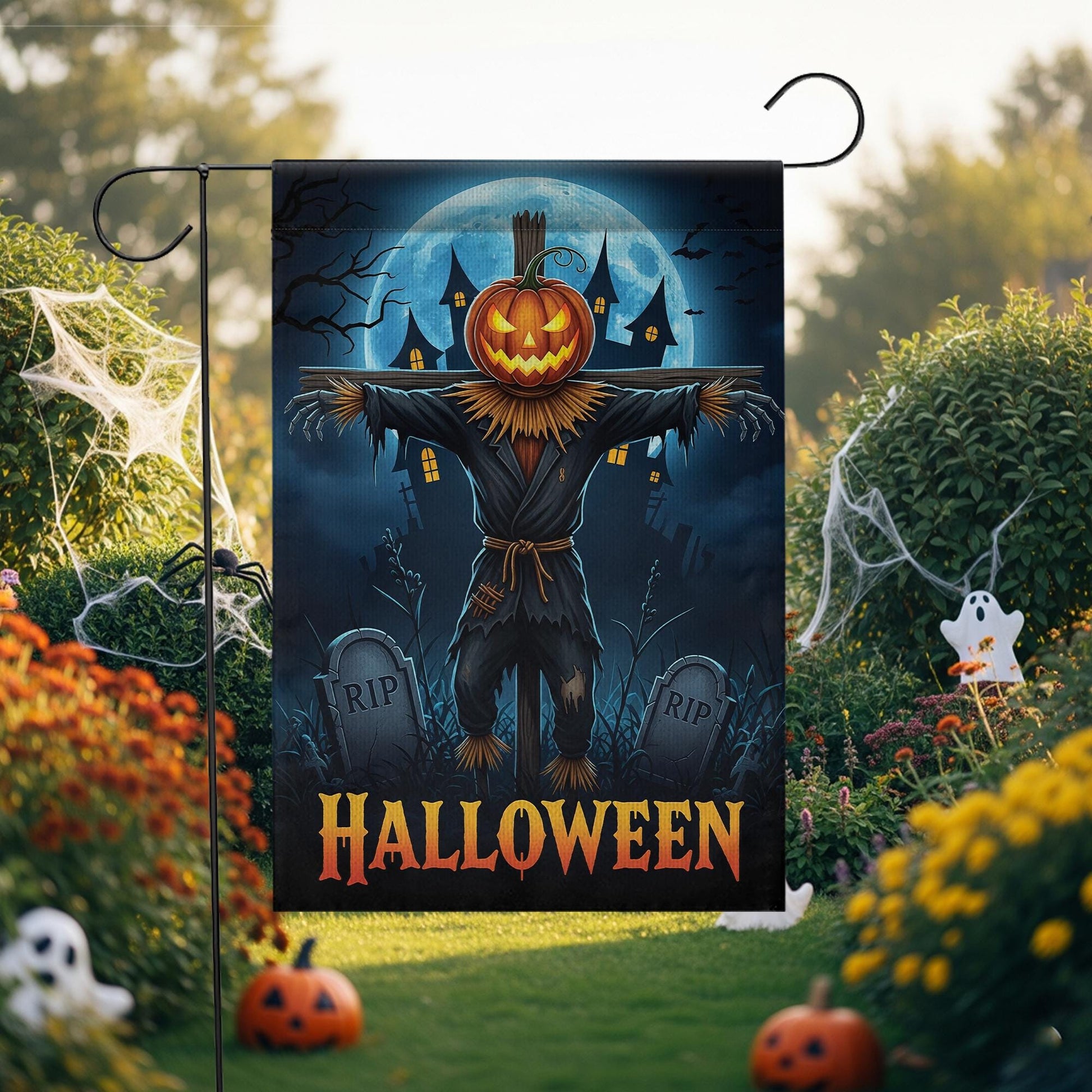 Spooky Scarecrow Halloween Garden Flag - Jack O Lantern Yard Decor - Full Moon Outdoor Banner - Haunted House Autumn Decoration