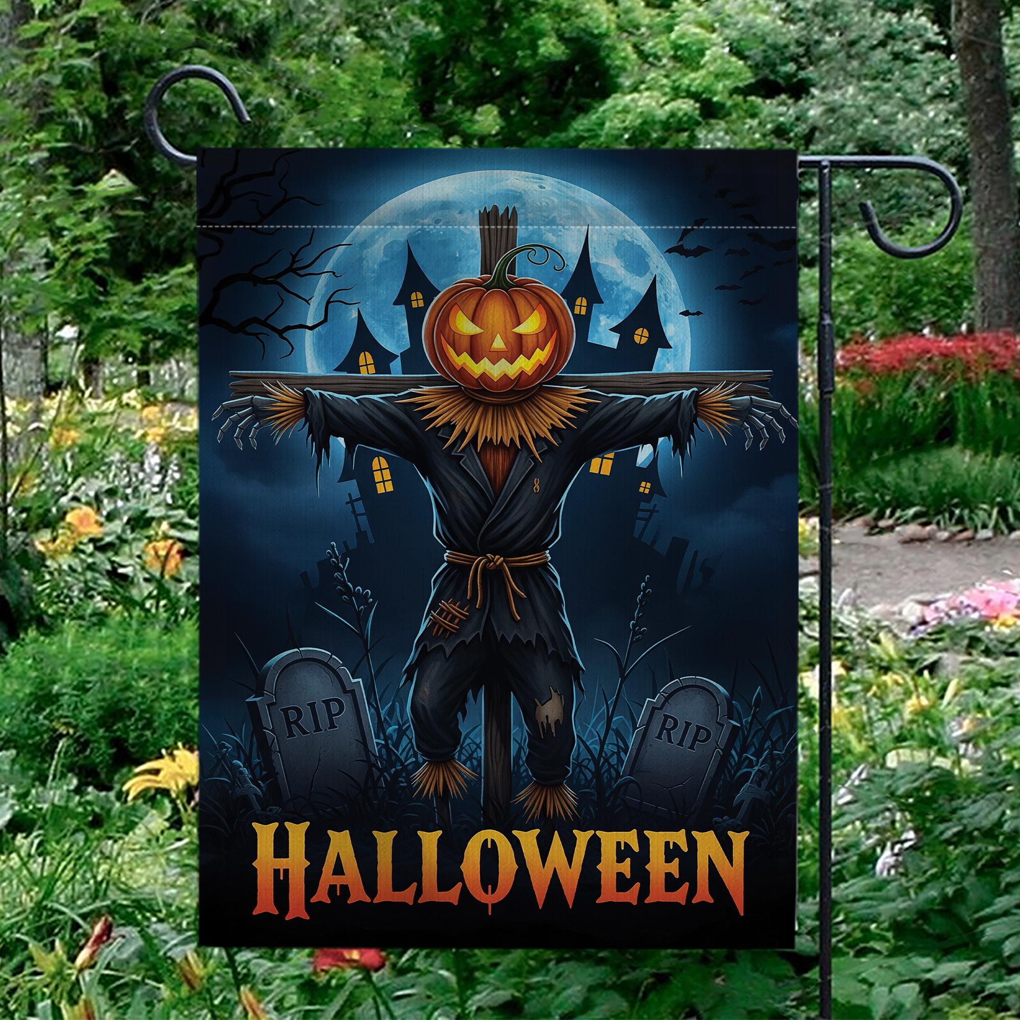 Spooky Scarecrow Halloween Garden Flag - Jack O Lantern Yard Decor - Full Moon Outdoor Banner - Haunted House Autumn Decoration
