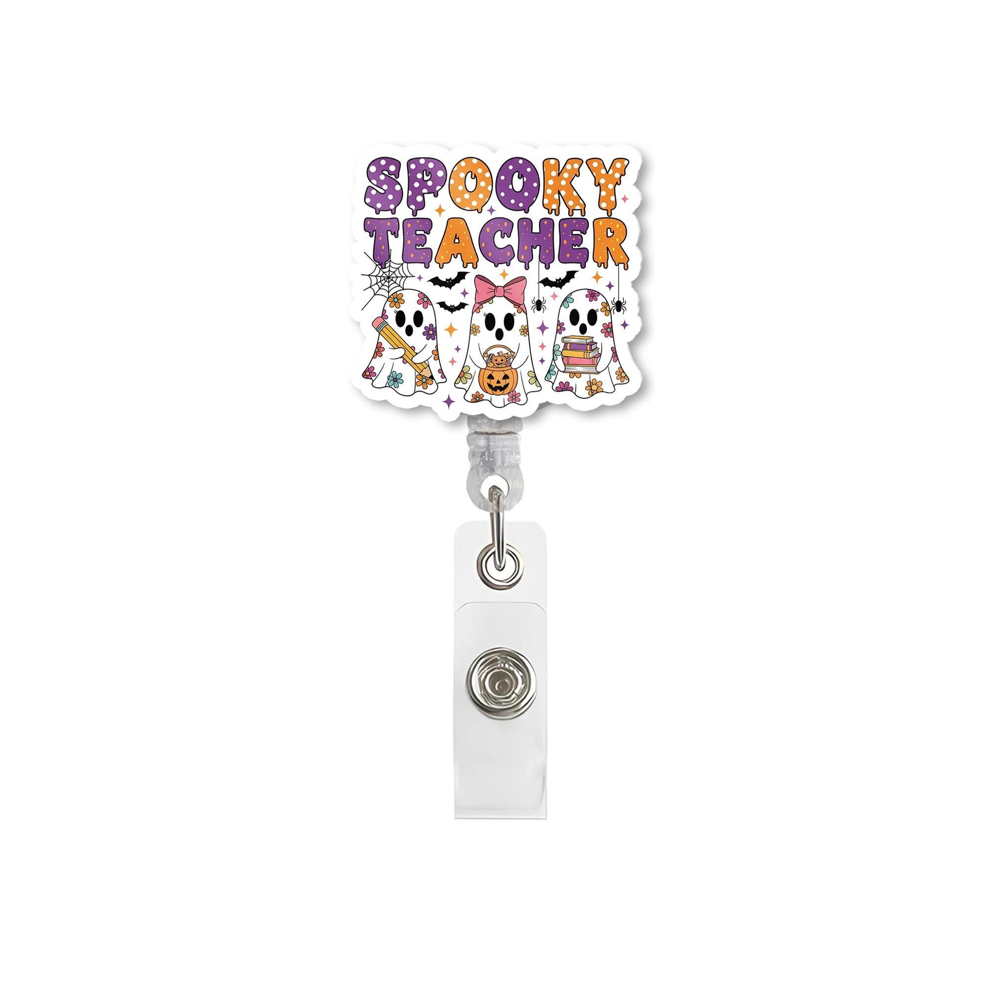 Spooky Teacher Badge Reel, Halloween Ghost ID Clip, Cute Fall Name Tag for Teachers, Retractable Badge Holder, School Staff Gift