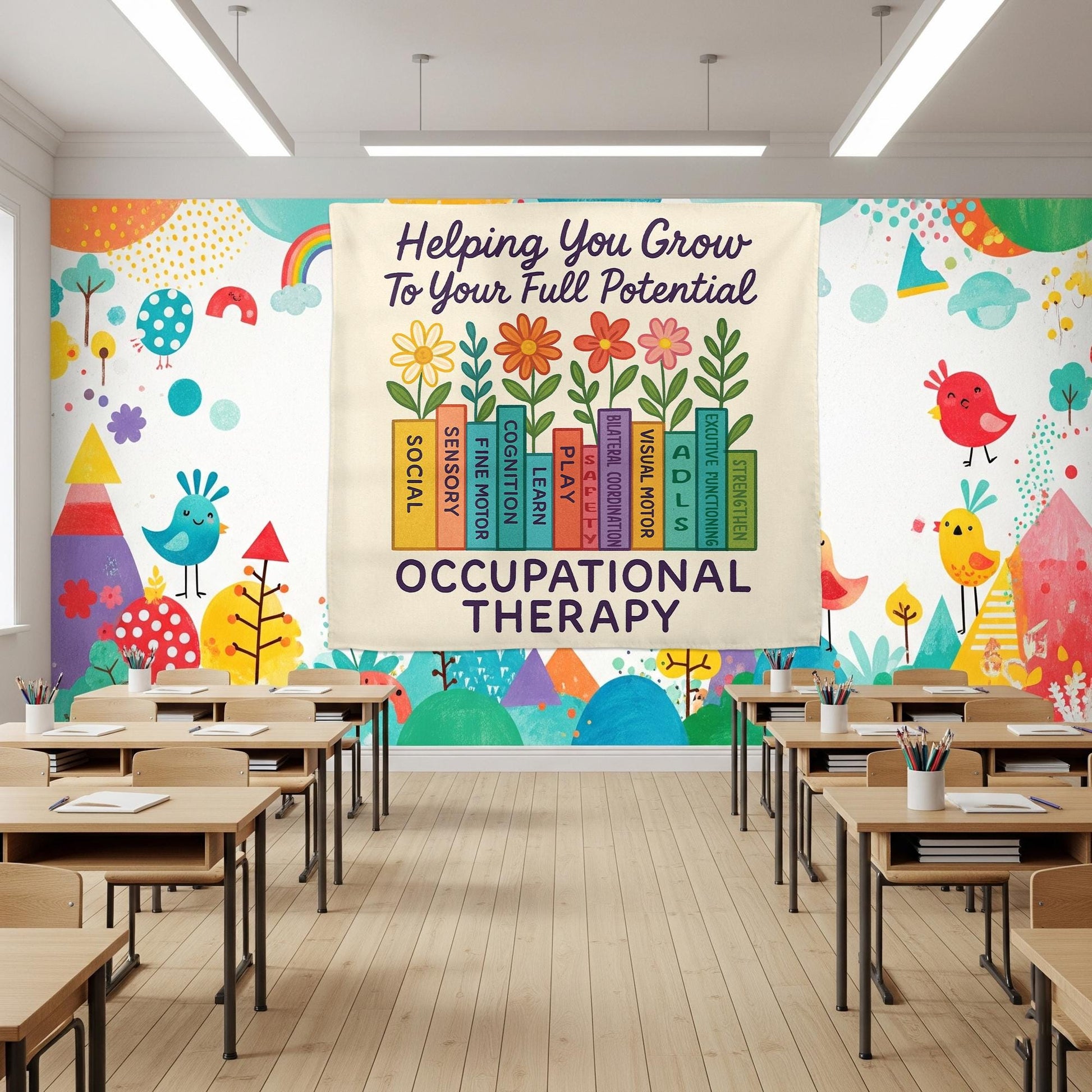Occupational Therapy Tapestry, Floral Book Wall Art, OT Office Decor, Motivational Therapist Poster, Pediatric OT Gift, Office Decoration