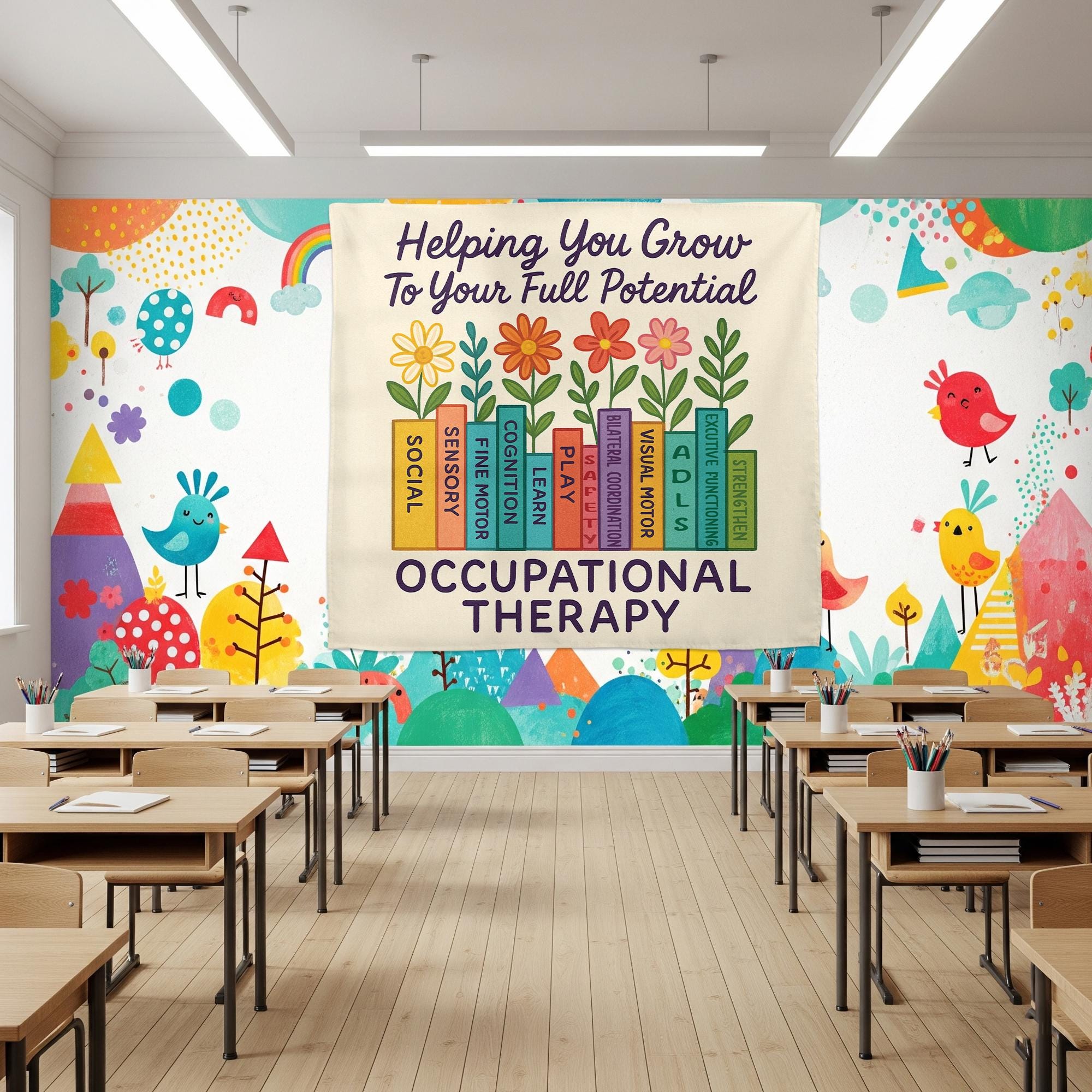 Occupational Therapy Tapestry, Floral Book Wall Art, OT Office Decor, Motivational Therapist Poster, Pediatric OT Gift, Office Decoration
