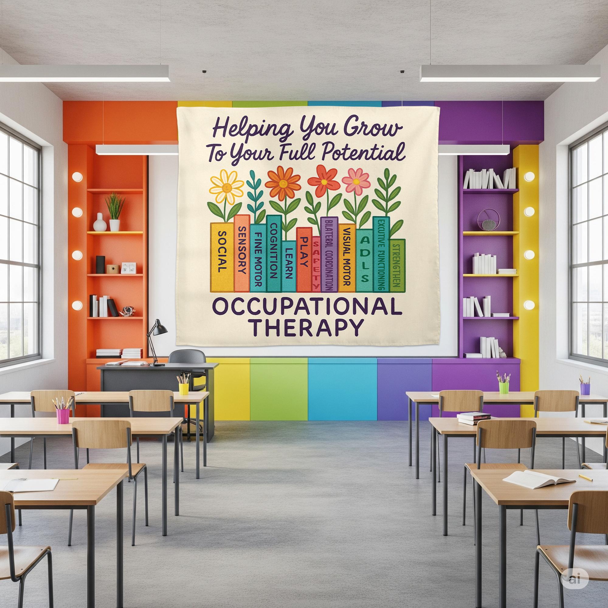 Occupational Therapy Tapestry, Floral Book Wall Art, OT Office Decor, Motivational Therapist Poster, Pediatric OT Gift, Office Decoration