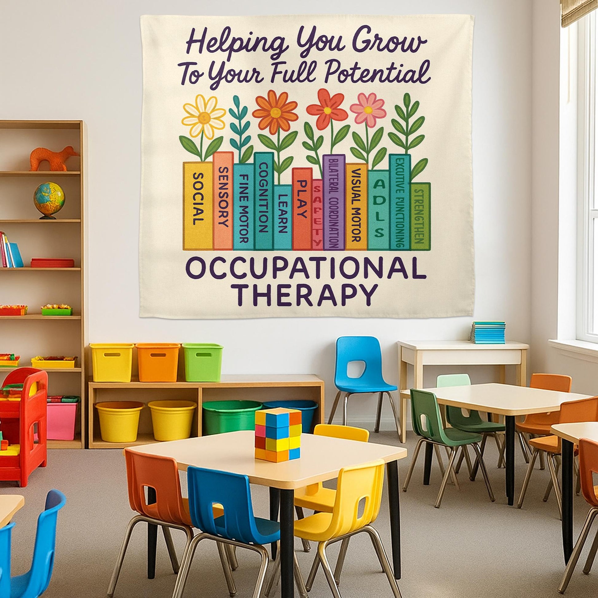 Occupational Therapy Tapestry, Floral Book Wall Art, OT Office Decor, Motivational Therapist Poster, Pediatric OT Gift, Office Decoration