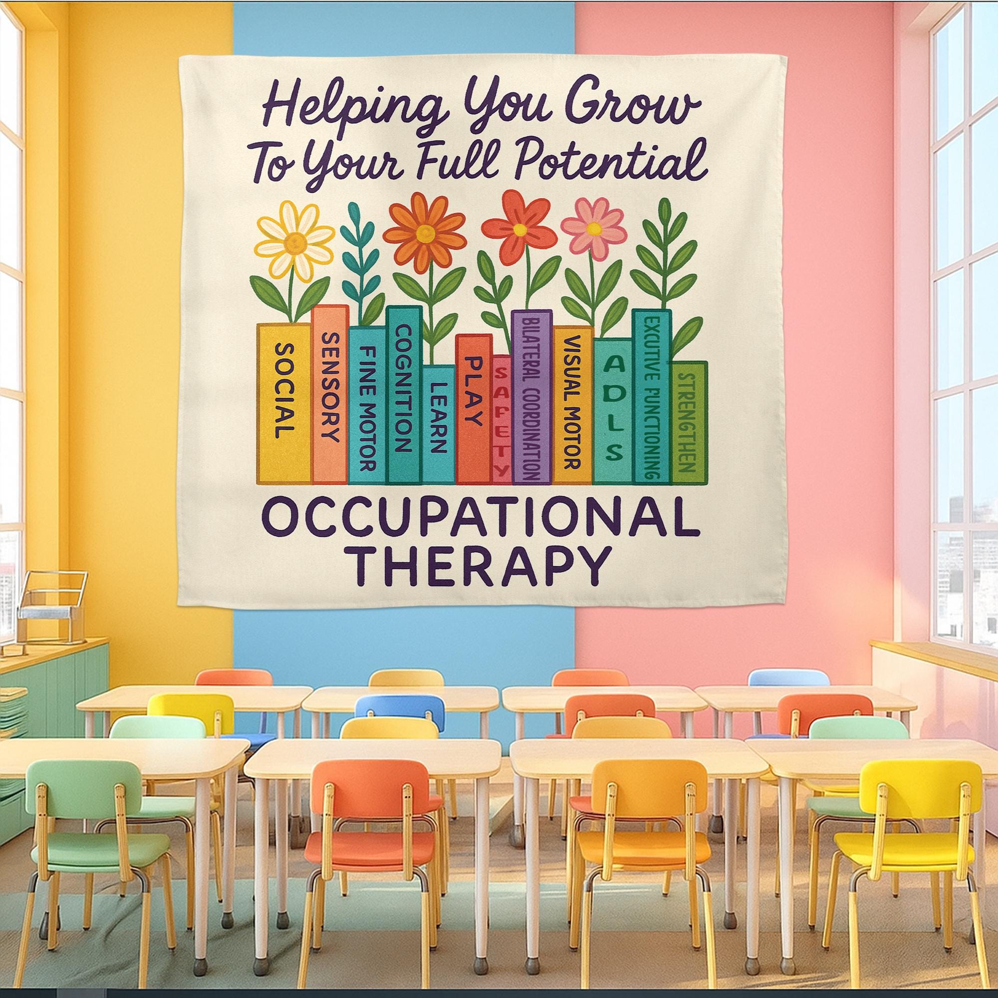 Occupational Therapy Tapestry, Floral Book Wall Art, OT Office Decor, Motivational Therapist Poster, Pediatric OT Gift, Office Decoration