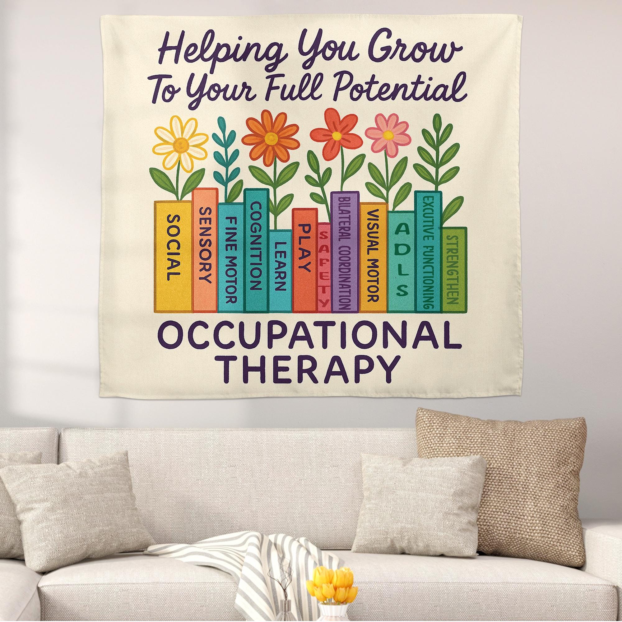 Occupational Therapy Tapestry, Floral Book Wall Art, OT Office Decor, Motivational Therapist Poster, Pediatric OT Gift, Office Decoration