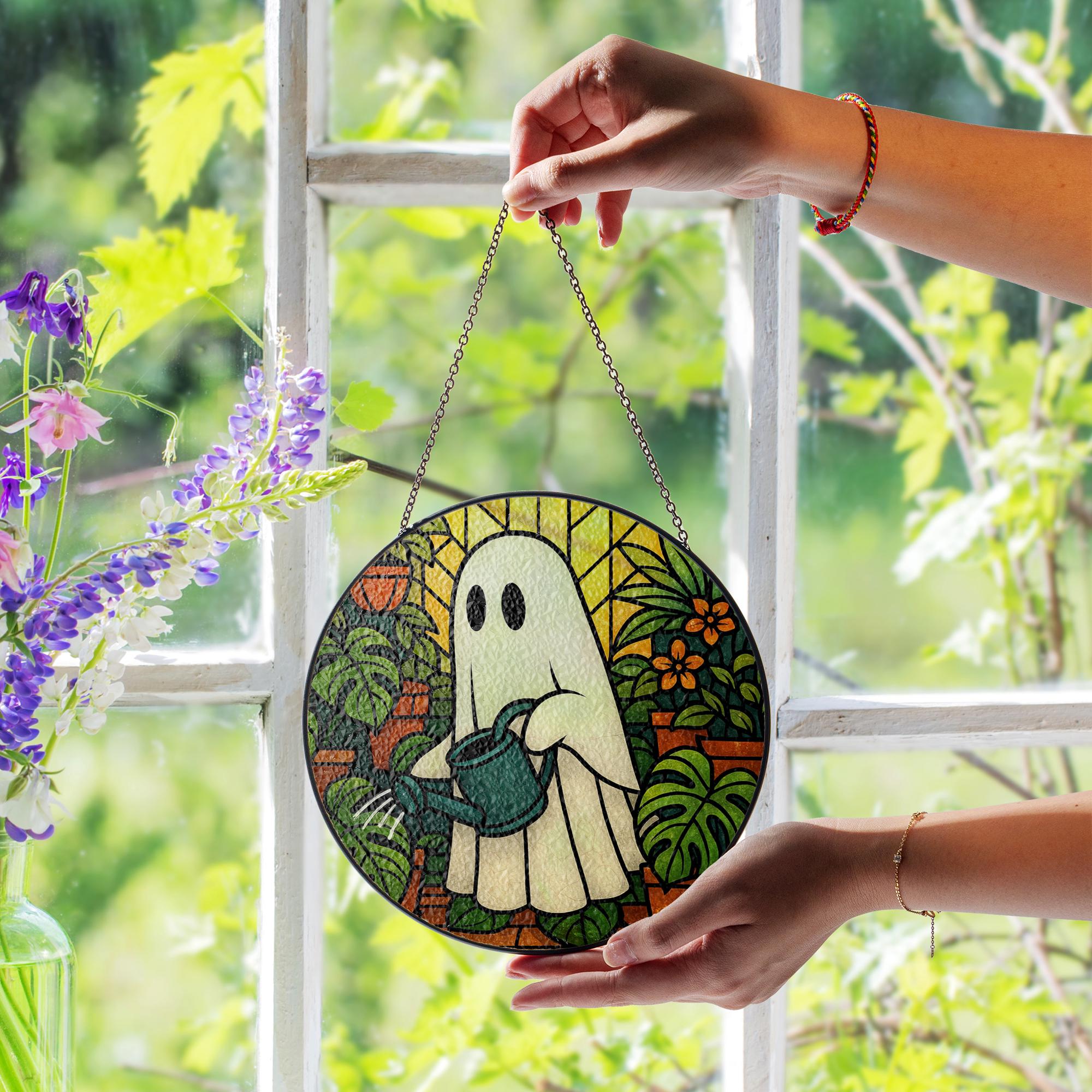 Ghost Watering Plants Suncatcher | Glass Ghost Sun Catcher | Spooky Plant Lover Window Decor | Whimsical Halloween Gift