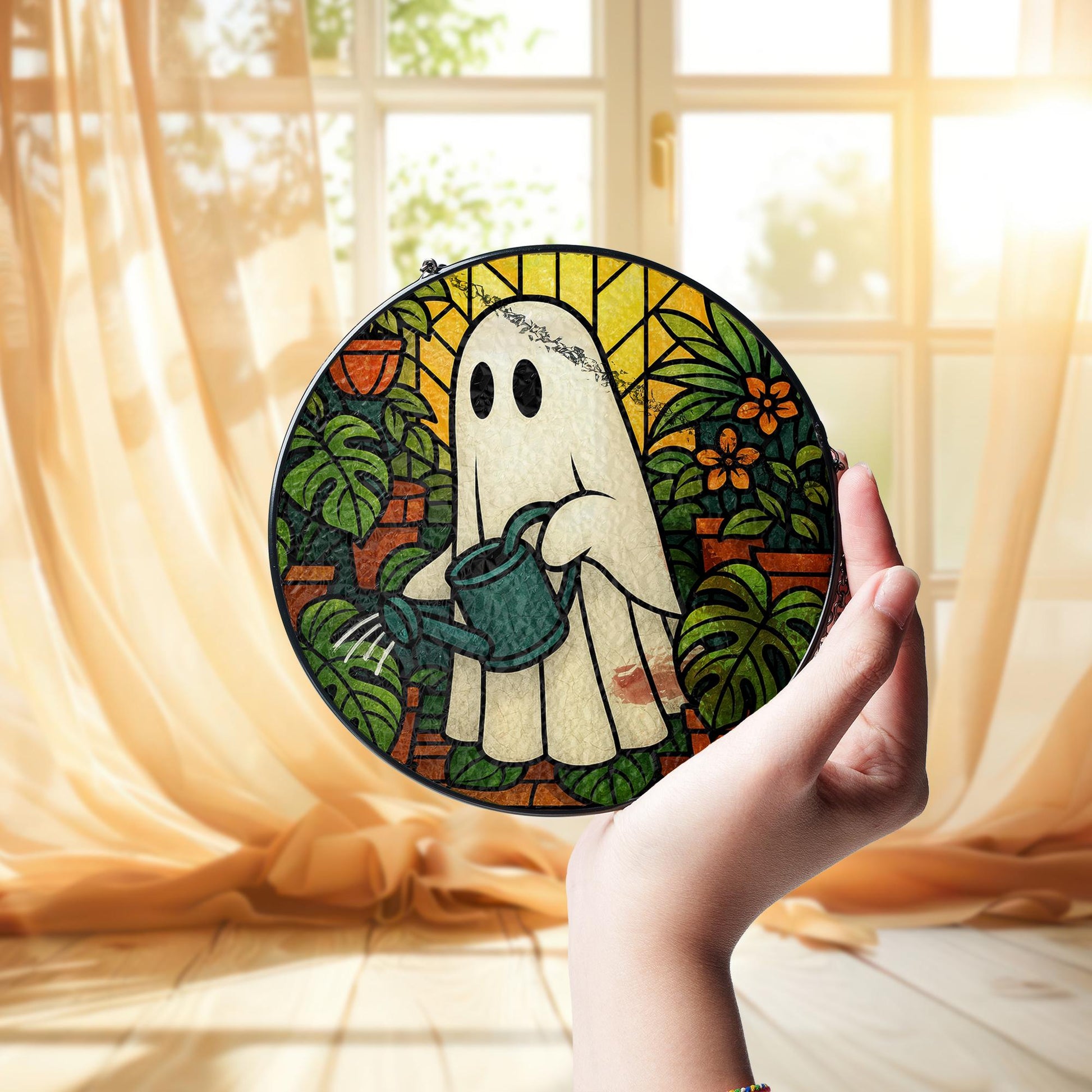 Ghost Watering Plants Suncatcher | Glass Ghost Sun Catcher | Spooky Plant Lover Window Decor | Whimsical Halloween Gift
