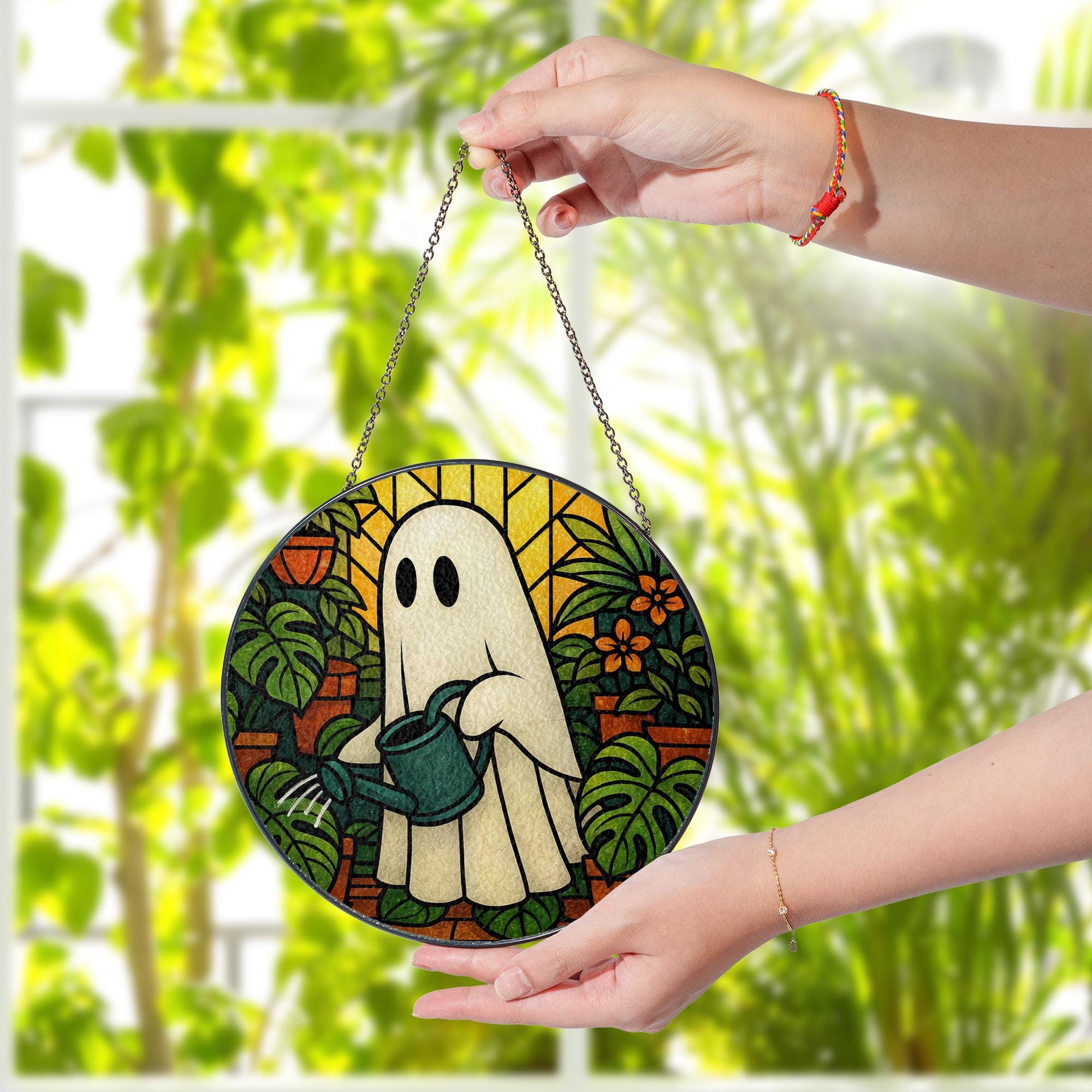 Ghost Watering Plants Suncatcher | Glass Ghost Sun Catcher | Spooky Plant Lover Window Decor | Whimsical Halloween Gift