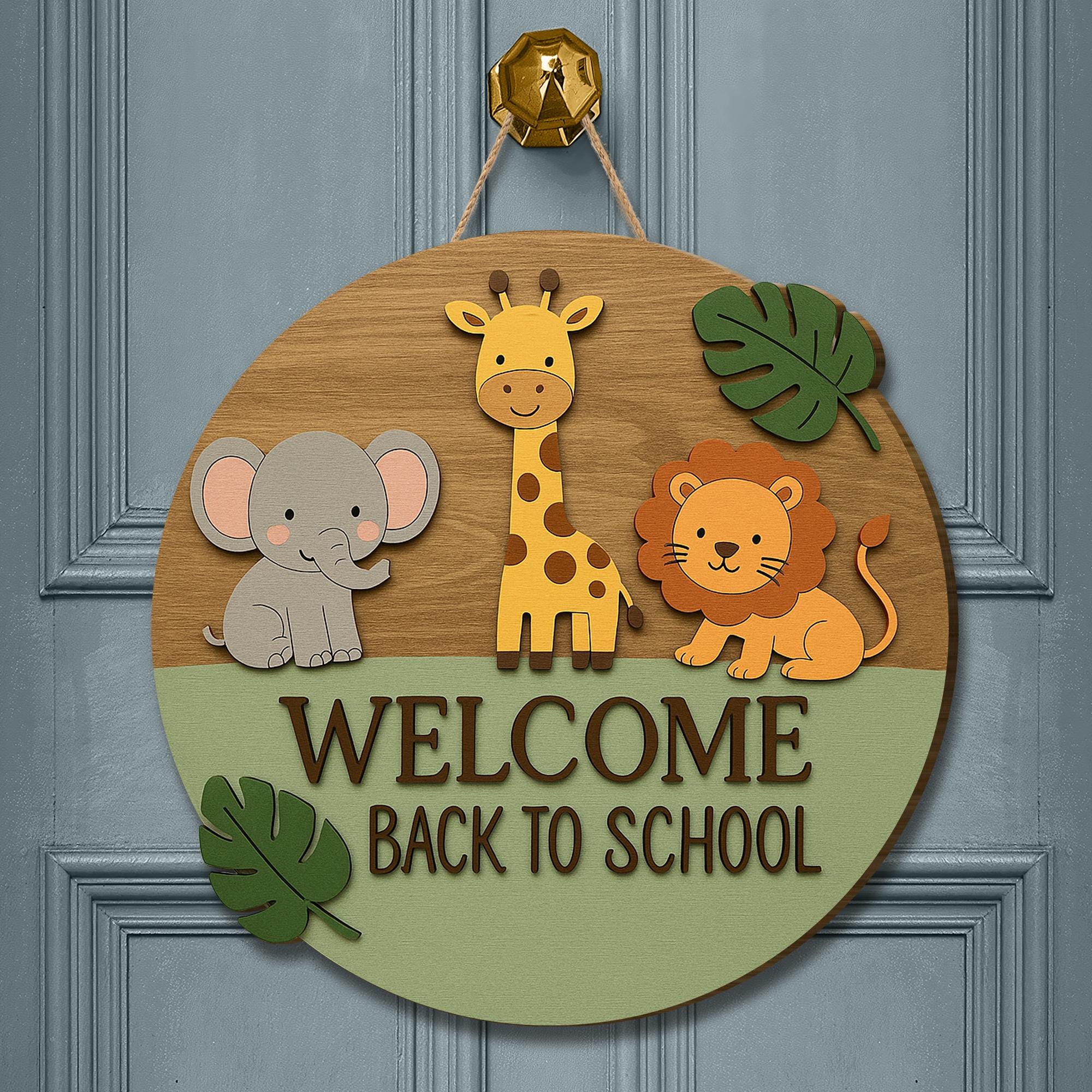Welcome Back to School Sign, Jungle Animal Classroom Door Hanger, Kindergarten Wooden Decor, Teacher Back to School Gift