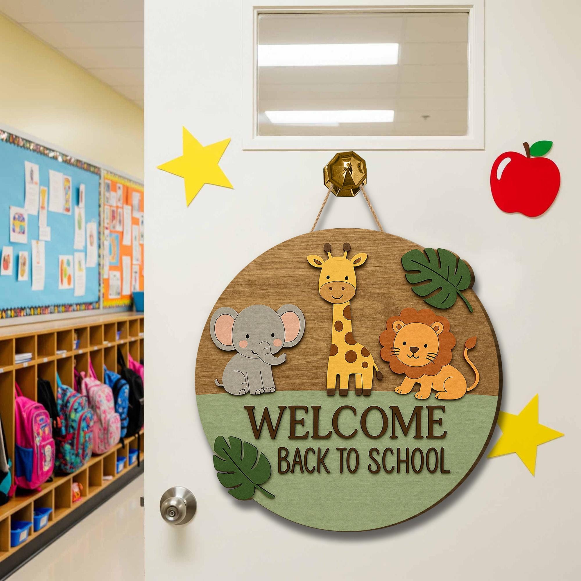 Welcome Back to School Sign, Jungle Animal Classroom Door Hanger, Kindergarten Wooden Decor, Teacher Back to School Gift