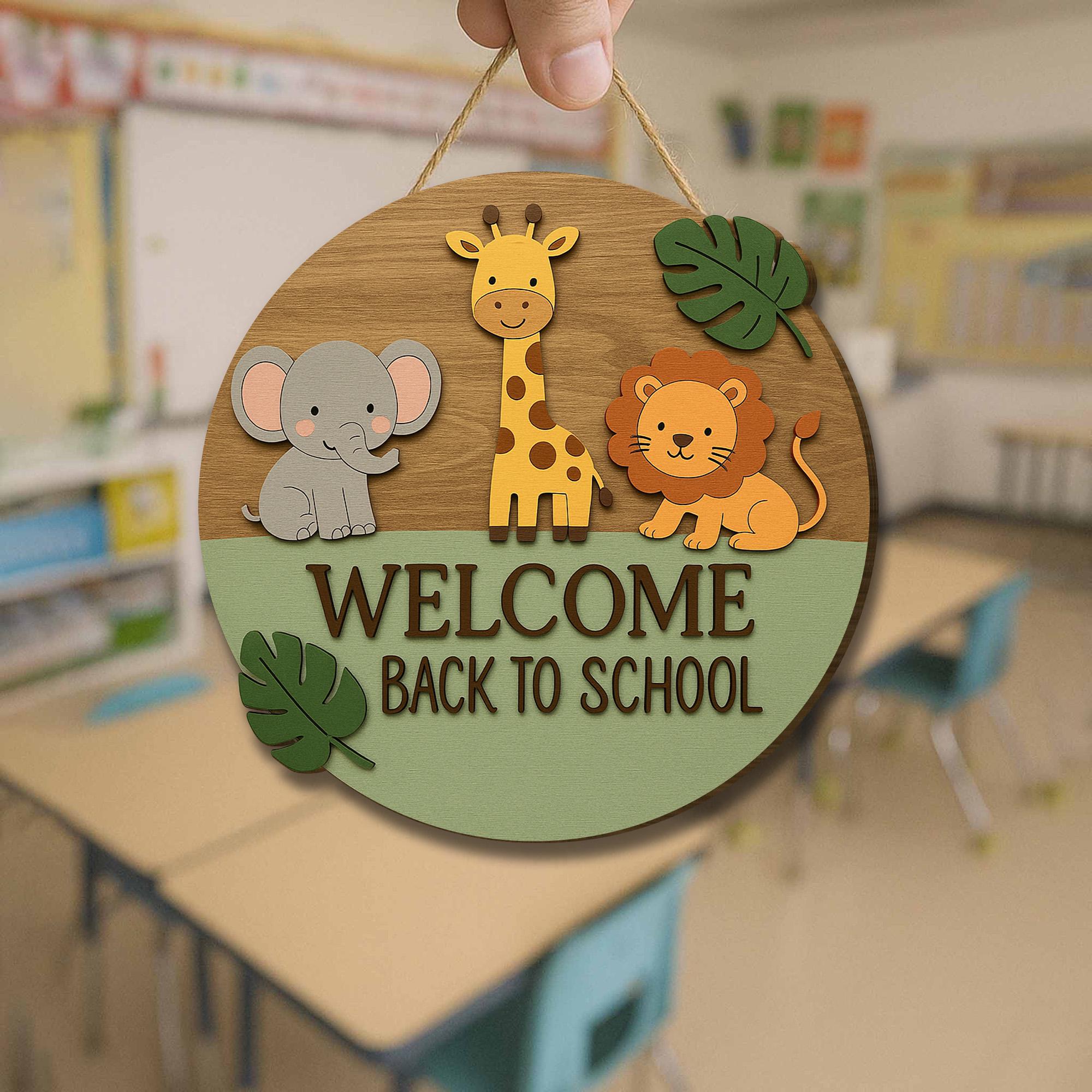 Welcome Back to School Sign, Jungle Animal Classroom Door Hanger, Kindergarten Wooden Decor, Teacher Back to School Gift
