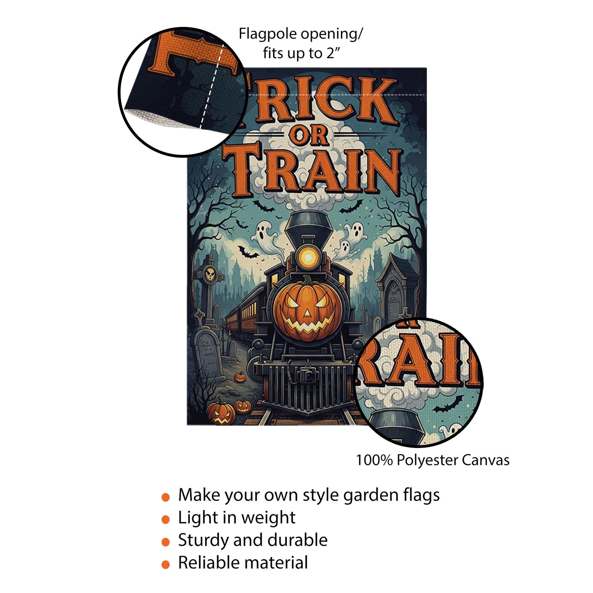 Trick or Train Garden Flag - Halloween Haunted Train Yard Sign - Spooky Pumpkin Railway Decor - Gothic Outdoor Fall Flag