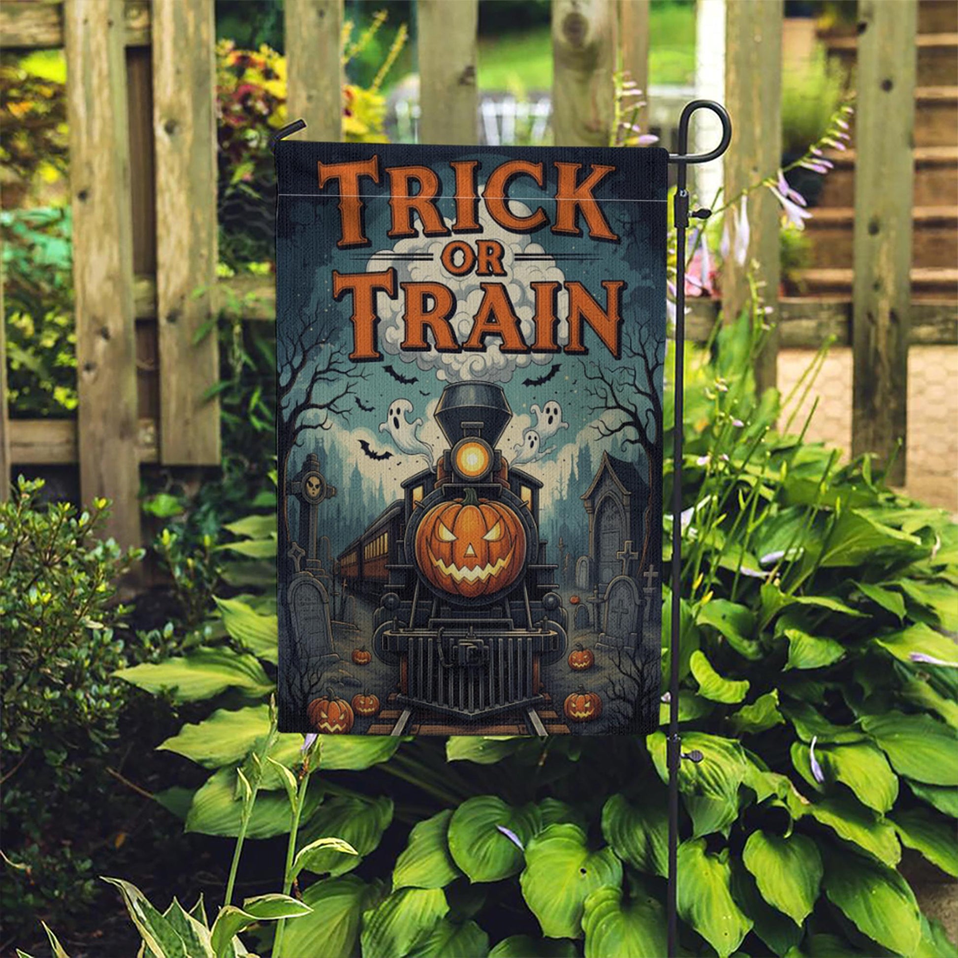 Trick or Train Garden Flag - Halloween Haunted Train Yard Sign - Spooky Pumpkin Railway Decor - Gothic Outdoor Fall Flag