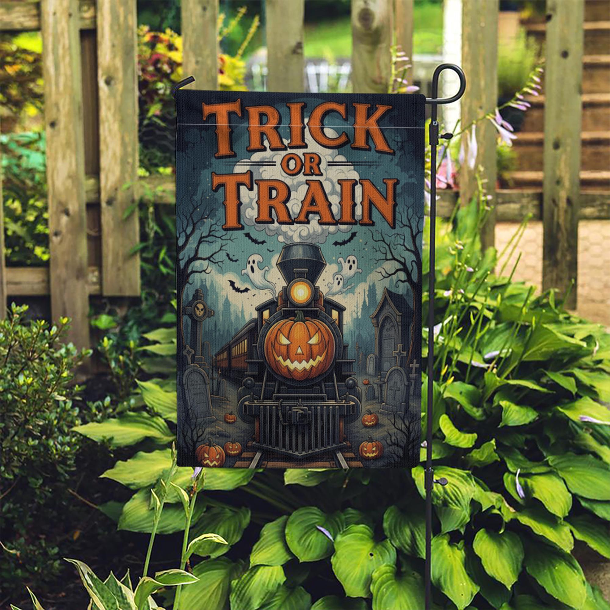 Trick or Train Garden Flag - Halloween Haunted Train Yard Sign - Spooky Pumpkin Railway Decor - Gothic Outdoor Fall Flag