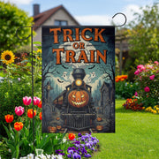 Trick or Train Garden Flag - Halloween Haunted Train Yard Sign - Spooky Pumpkin Railway Decor - Gothic Outdoor Fall Flag