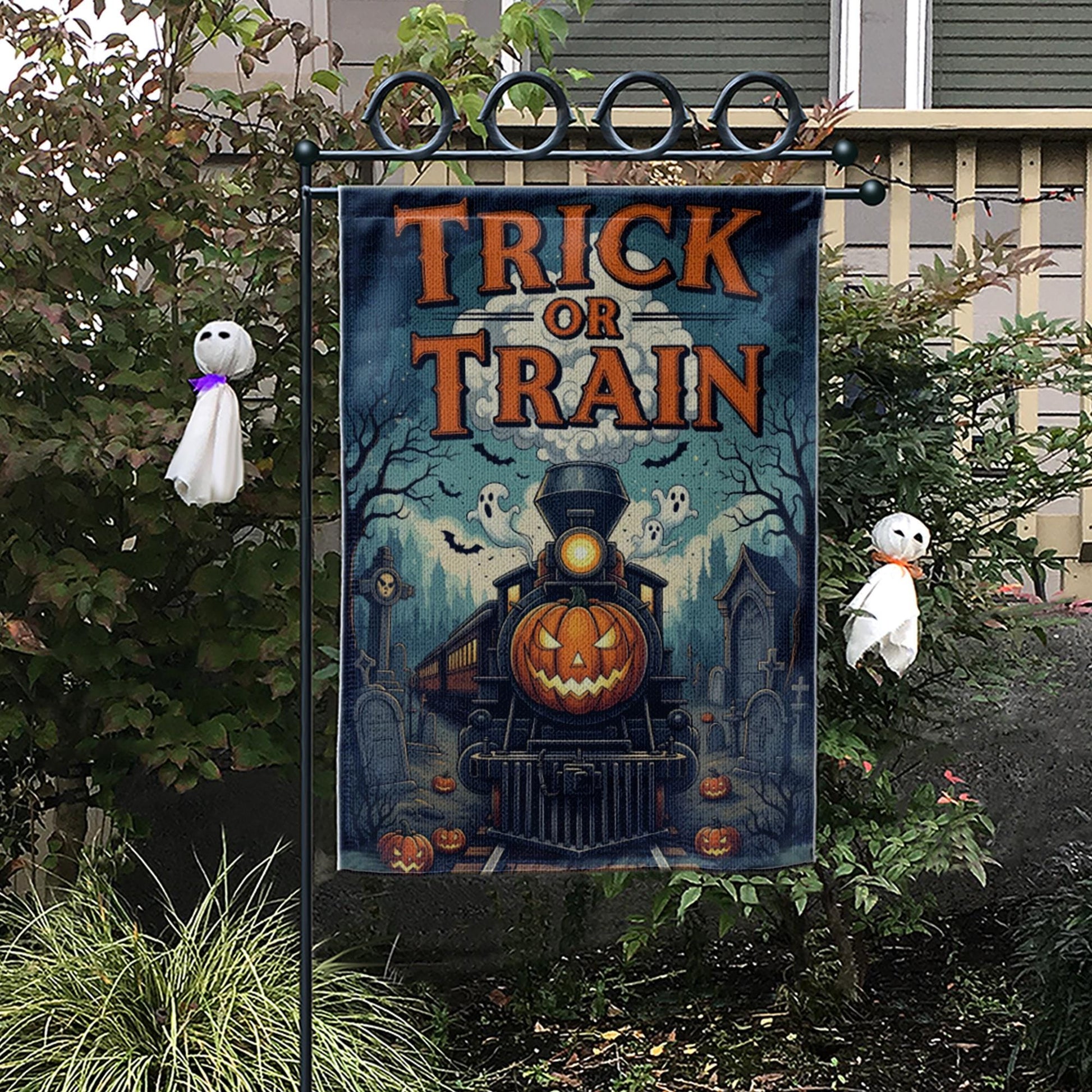 Trick or Train Garden Flag - Halloween Haunted Train Yard Sign - Spooky Pumpkin Railway Decor - Gothic Outdoor Fall Flag
