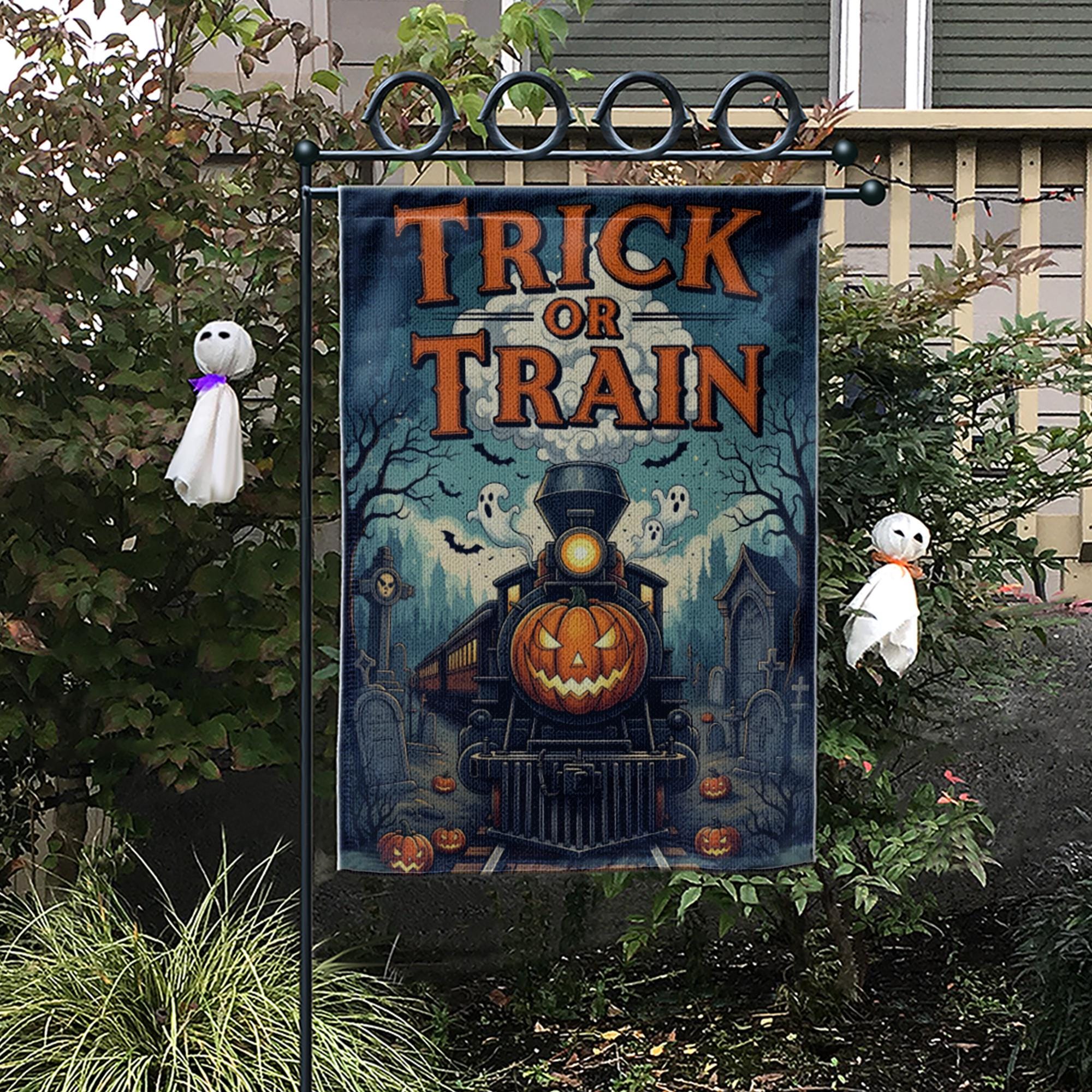 Trick or Train Garden Flag - Halloween Haunted Train Yard Sign - Spooky Pumpkin Railway Decor - Gothic Outdoor Fall Flag
