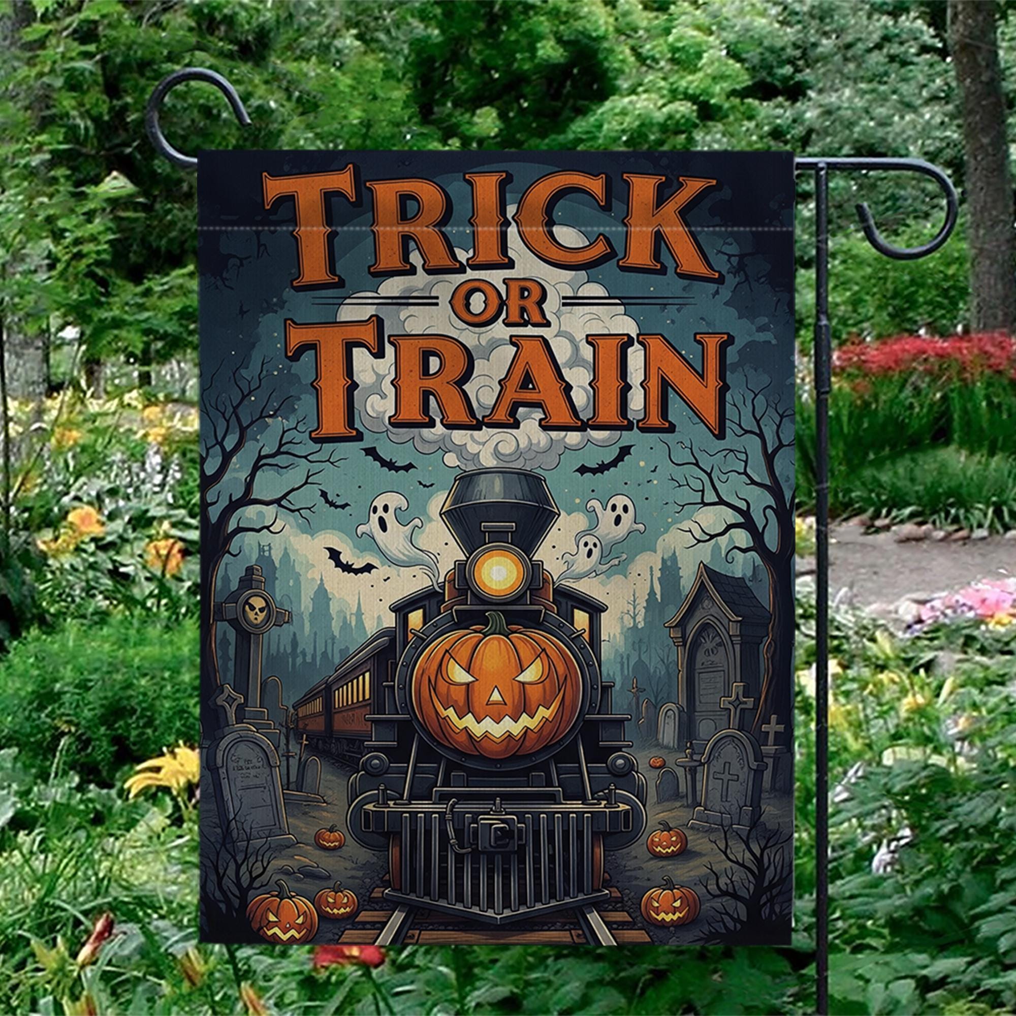 Trick or Train Garden Flag - Halloween Haunted Train Yard Sign - Spooky Pumpkin Railway Decor - Gothic Outdoor Fall Flag