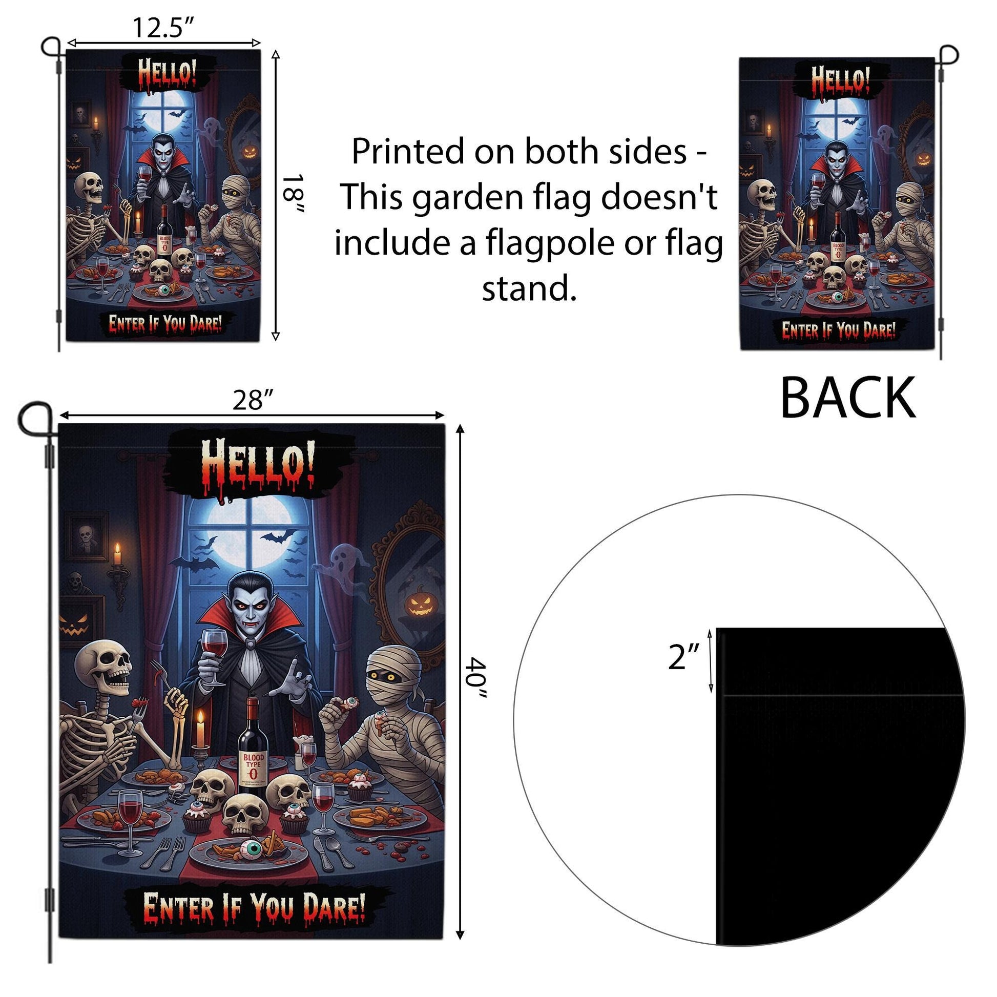 Halloween Garden Flag Vampire Dinner – Funny Spooky Outdoor Décor – Skeletons Mummy Blood Wine – “Enter If You Dare” Yard Sign