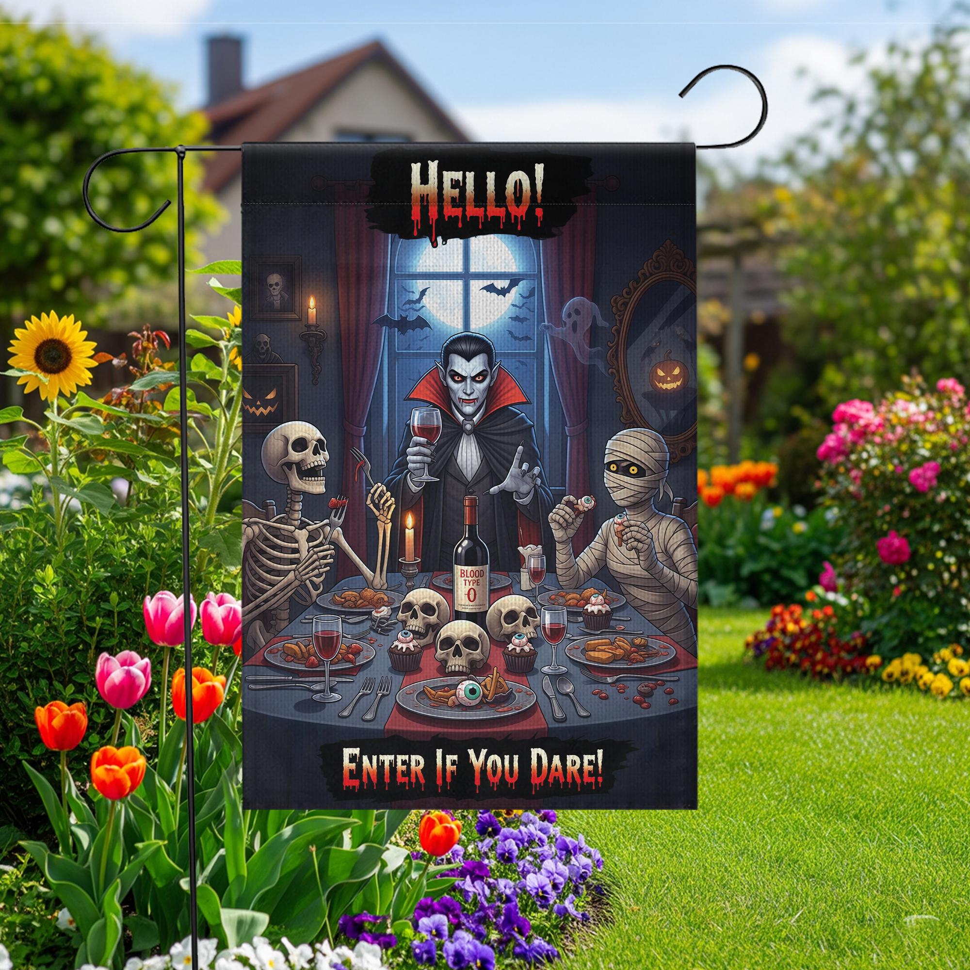 Halloween Garden Flag Vampire Dinner – Funny Spooky Outdoor Décor – Skeletons Mummy Blood Wine – “Enter If You Dare” Yard Sign