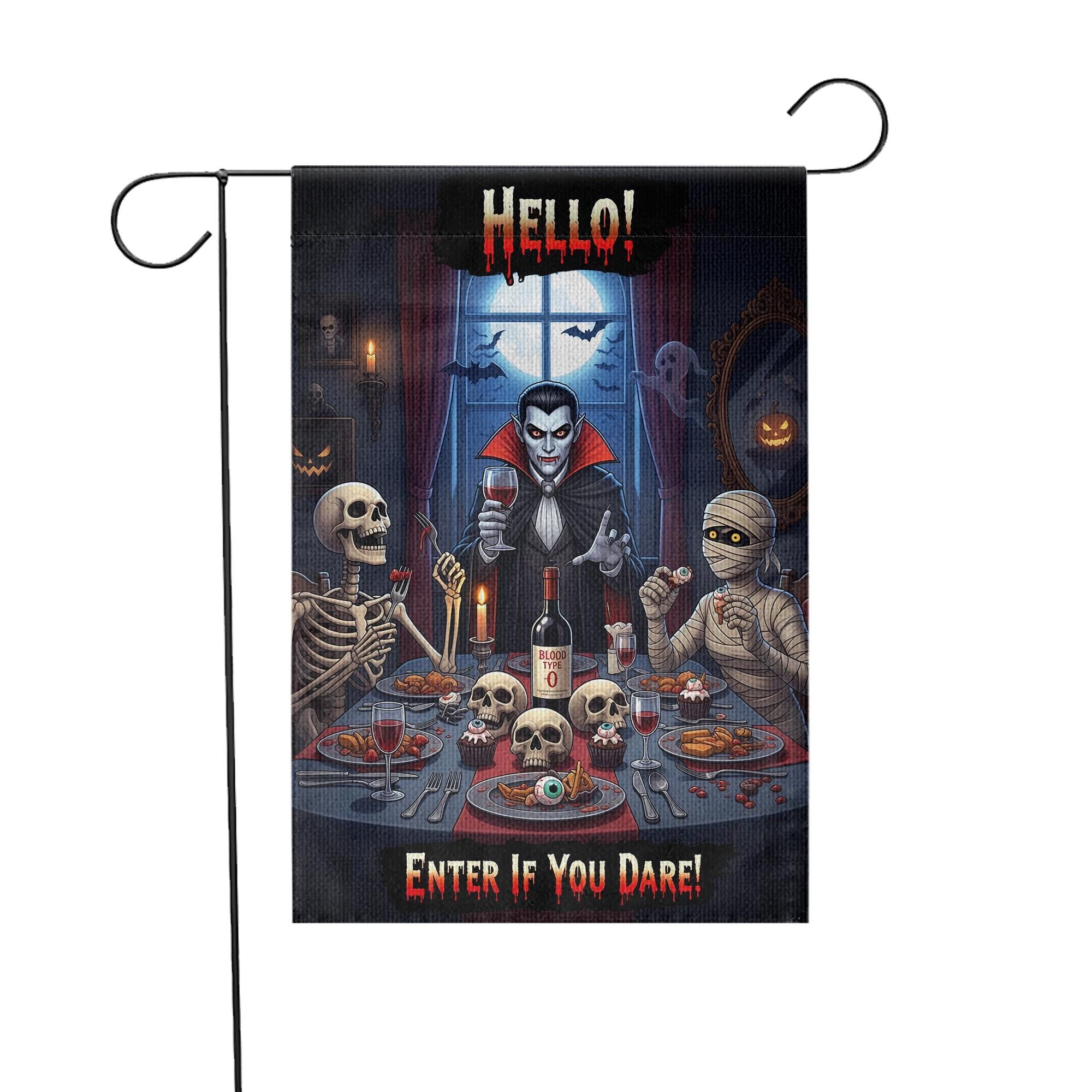 Halloween Garden Flag Vampire Dinner – Funny Spooky Outdoor Décor – Skeletons Mummy Blood Wine – “Enter If You Dare” Yard Sign