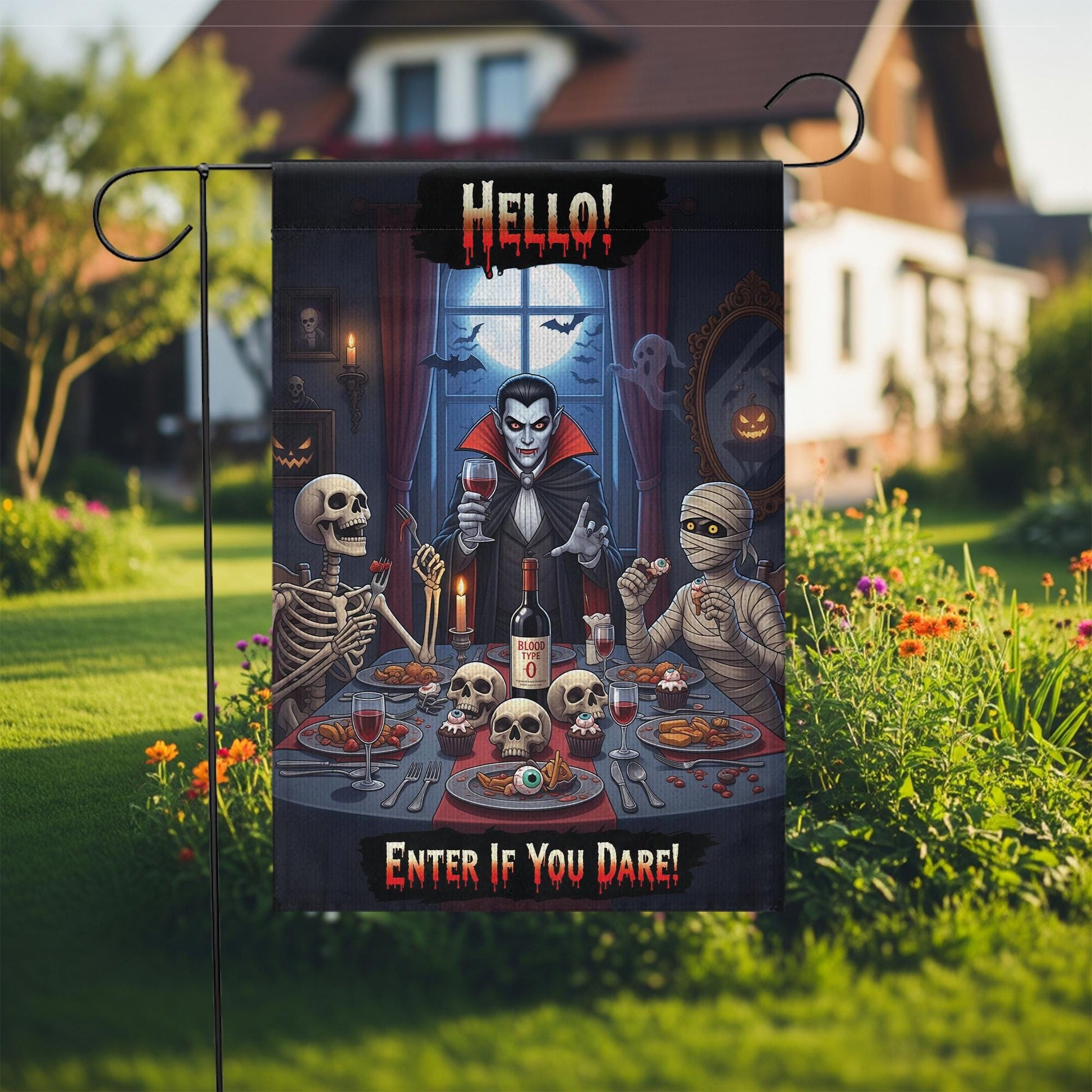 Halloween Garden Flag Vampire Dinner – Funny Spooky Outdoor Décor – Skeletons Mummy Blood Wine – “Enter If You Dare” Yard Sign