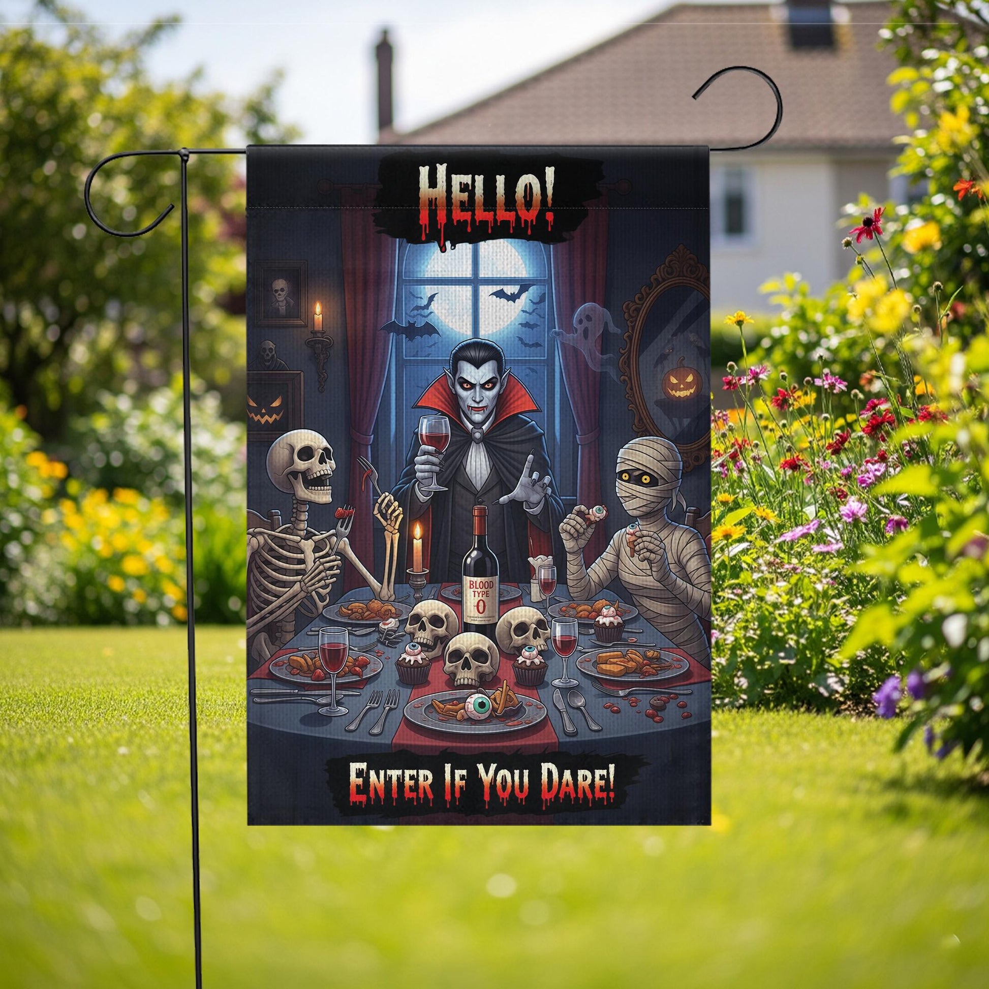 Halloween Garden Flag Vampire Dinner – Funny Spooky Outdoor Décor – Skeletons Mummy Blood Wine – “Enter If You Dare” Yard Sign