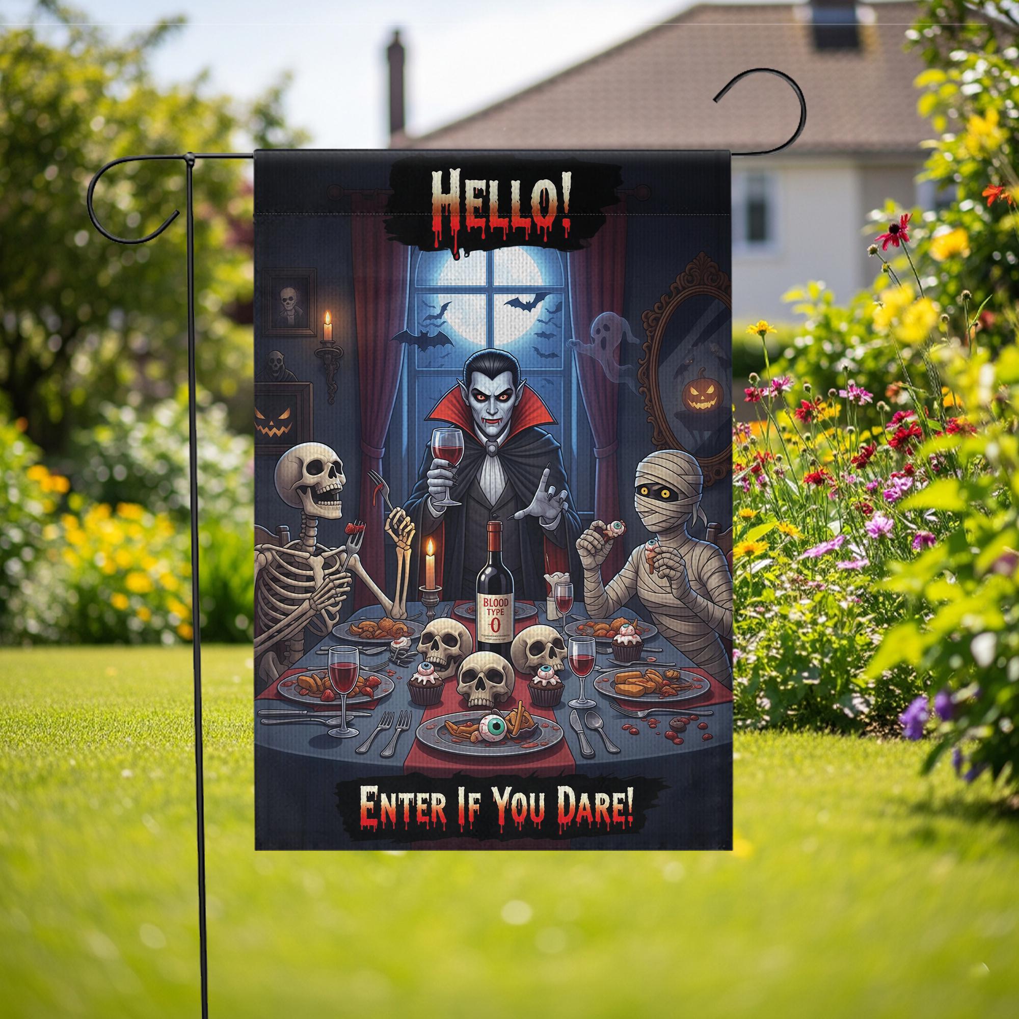 Halloween Garden Flag Vampire Dinner – Funny Spooky Outdoor Décor – Skeletons Mummy Blood Wine – “Enter If You Dare” Yard Sign