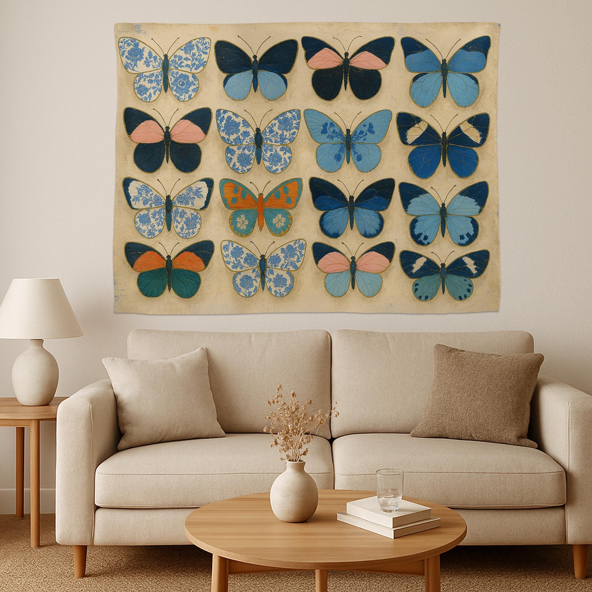 Chinoiserie Butterfly Tapestry | Blue Floral Vintage Wall Art | Cottagecore Insect Decor | Elegant Botanical Wall Hanging for Bedroom