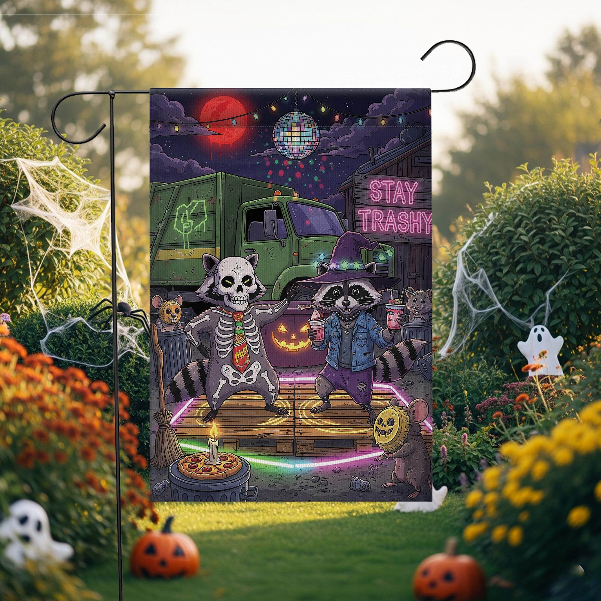 Stay Trashy Halloween Garden Flag – Funny Raccoon Skeleton Yard Decor – Trash Panda Witch Party Sign – Spooky Outdoor Banner