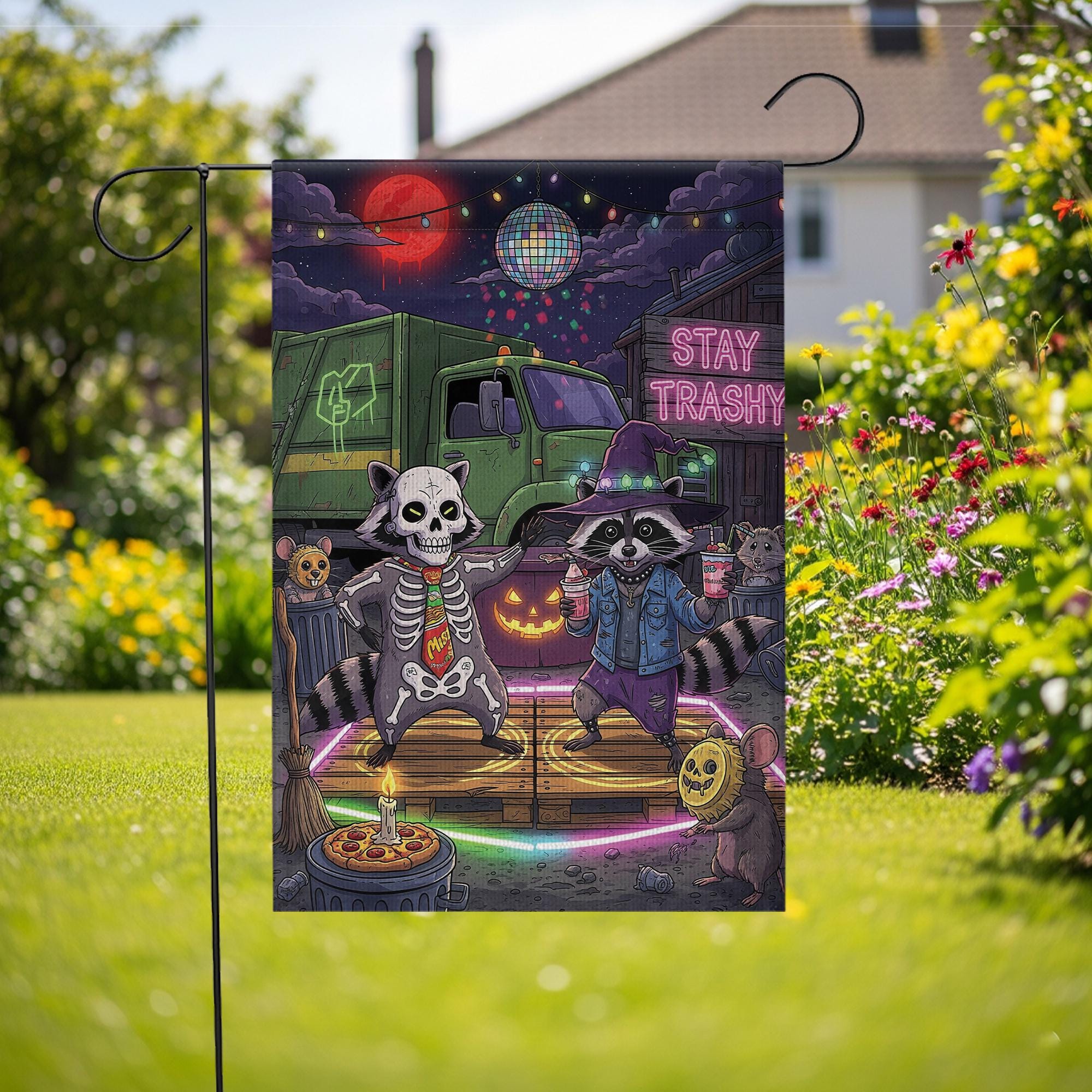 Stay Trashy Halloween Garden Flag – Funny Raccoon Skeleton Yard Decor – Trash Panda Witch Party Sign – Spooky Outdoor Banner