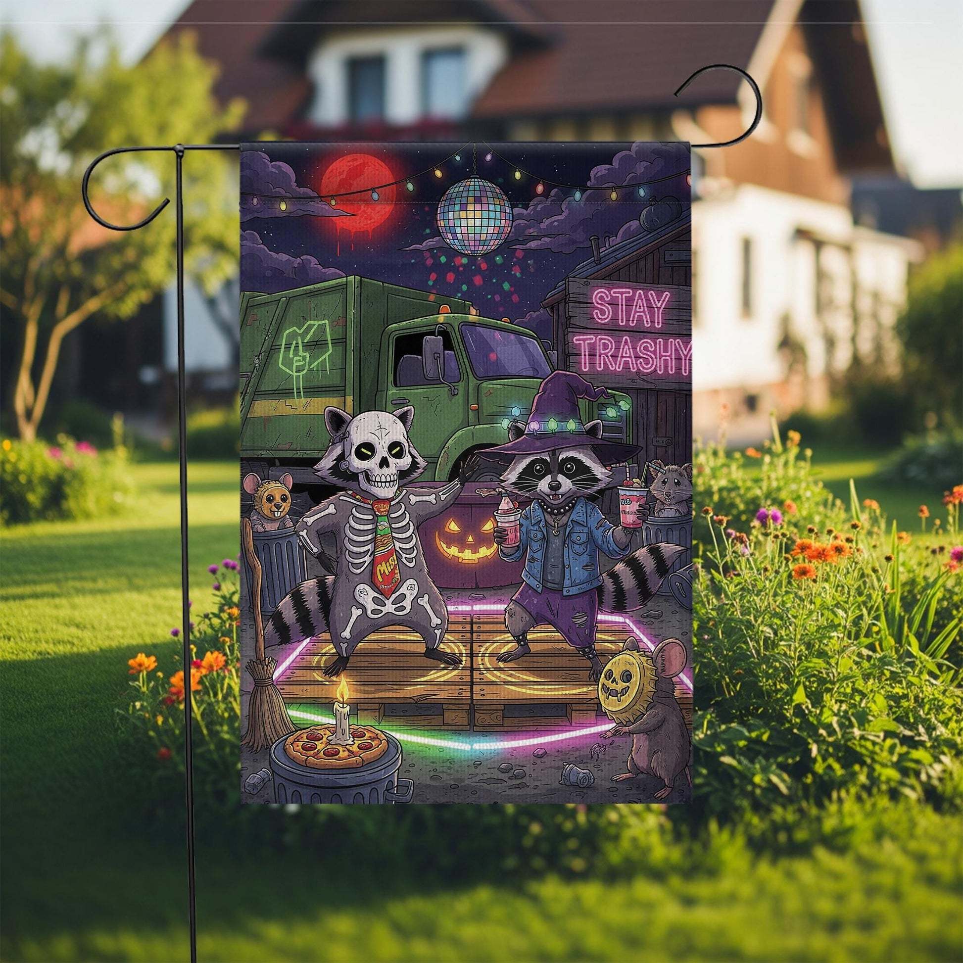 Stay Trashy Halloween Garden Flag – Funny Raccoon Skeleton Yard Decor – Trash Panda Witch Party Sign – Spooky Outdoor Banner